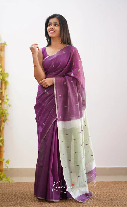 Aadrika- Dark Purple And Pastel Green Pure Maheshwari Silk Cotton Saree Sarees