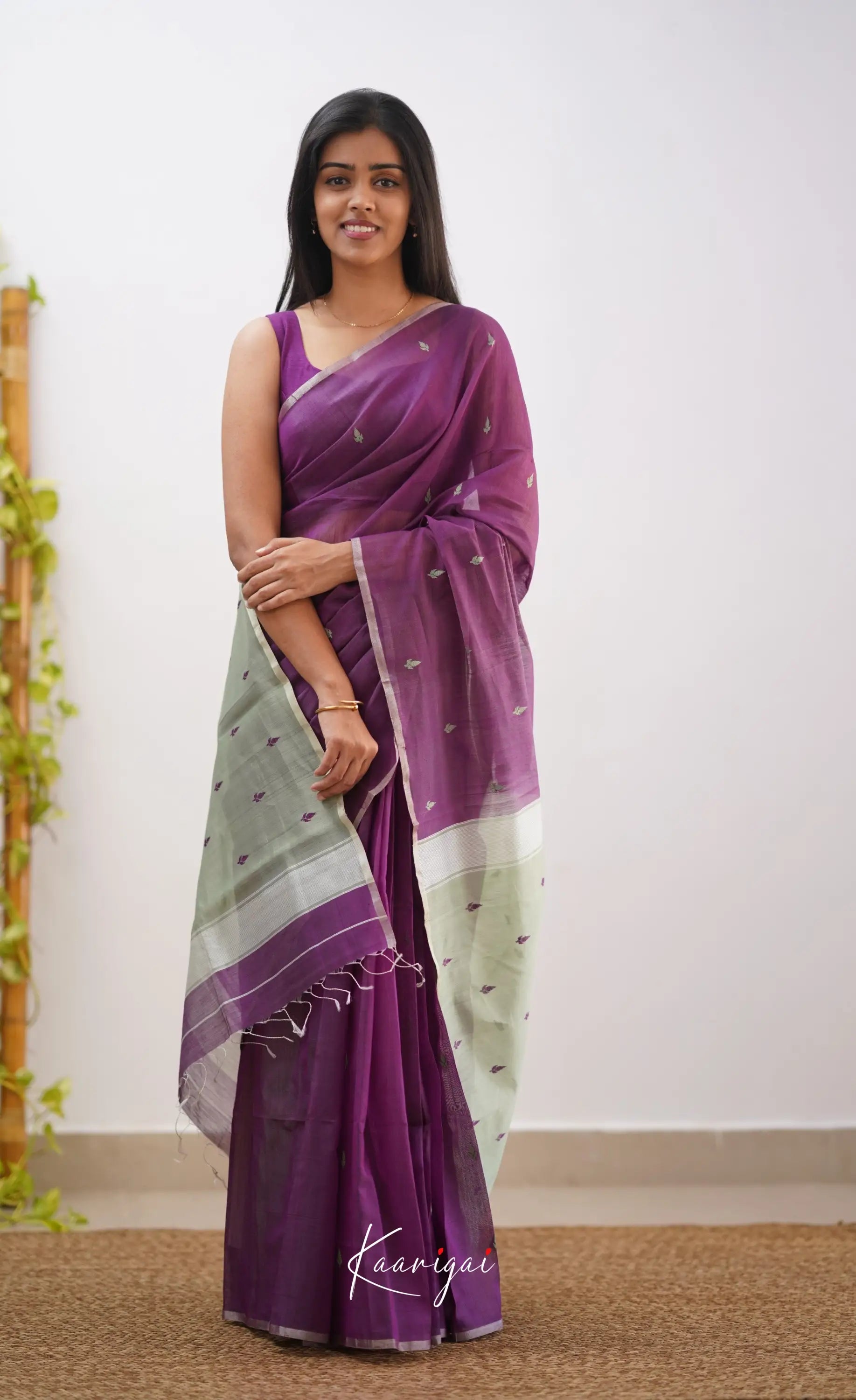 Aadrika- Dark Purple And Pastel Green Pure Maheshwari Silk Cotton Saree Sarees