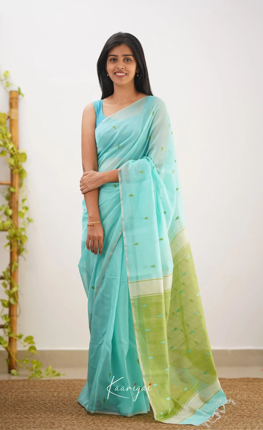 Aadrika- Light Blue And Green Pure Maheshwari Silk Cotton Saree Sarees