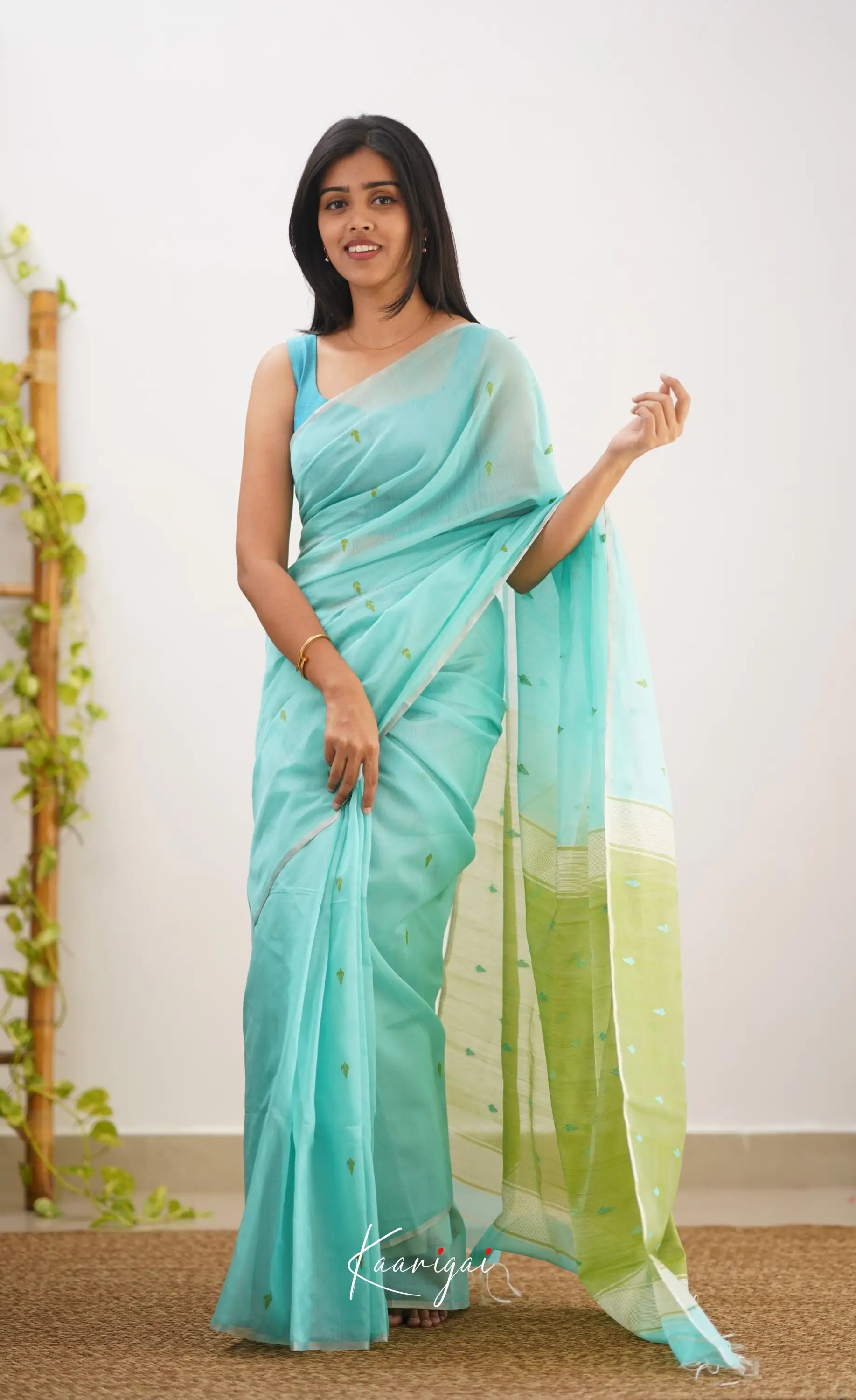 Aadrika- Light Blue And Green Pure Maheshwari Silk Cotton Saree Sarees