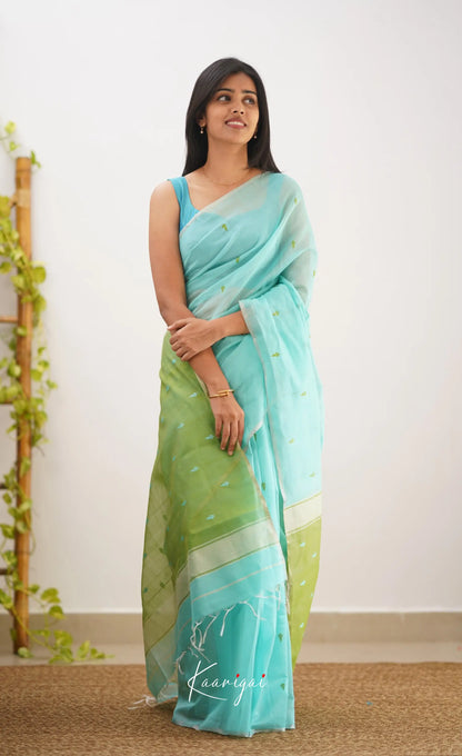 Aadrika- Light Blue And Green Pure Maheshwari Silk Cotton Saree Sarees