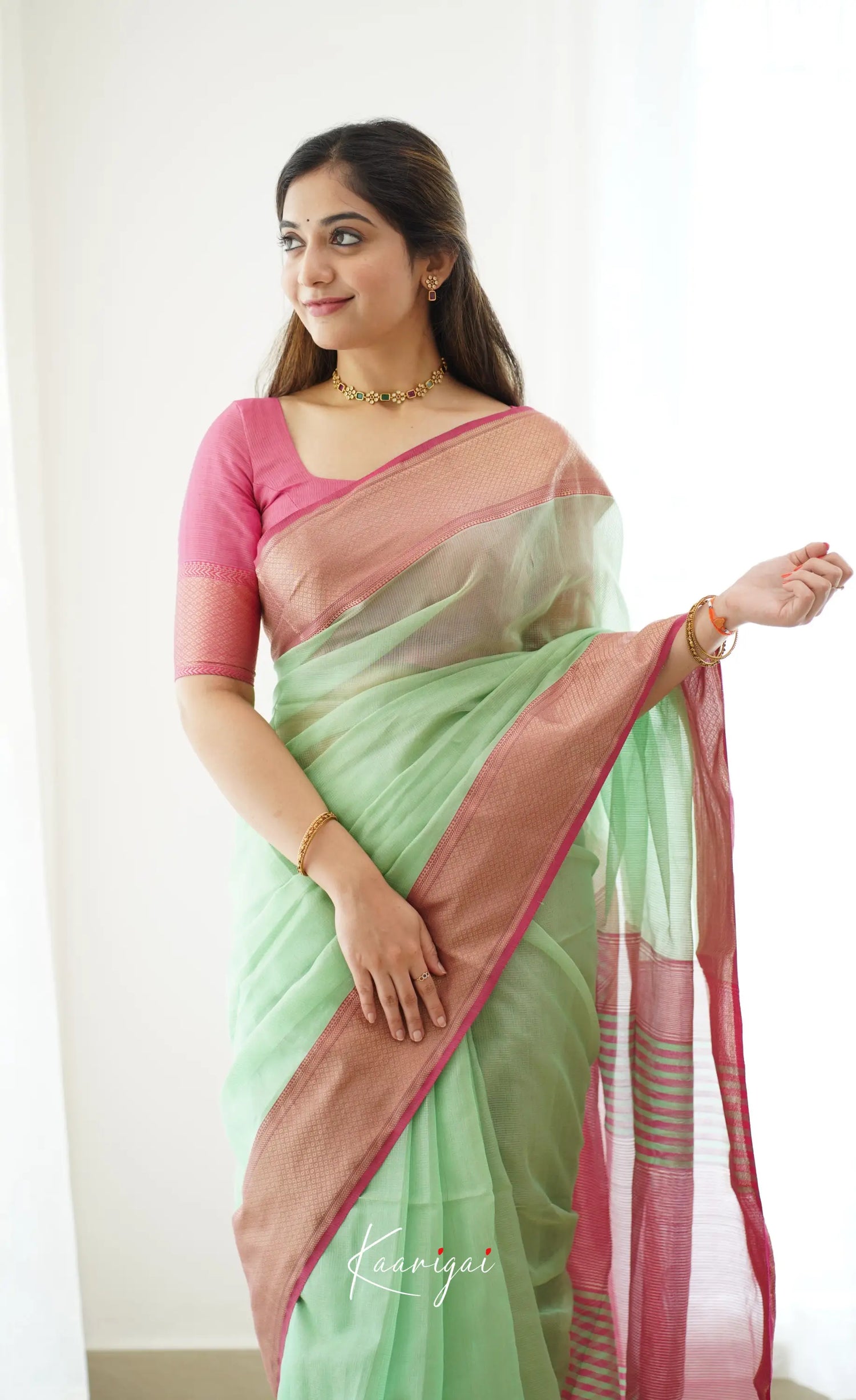 Maanvi- Light Green Maheswari Silk Cotton Halfsaree Sarees