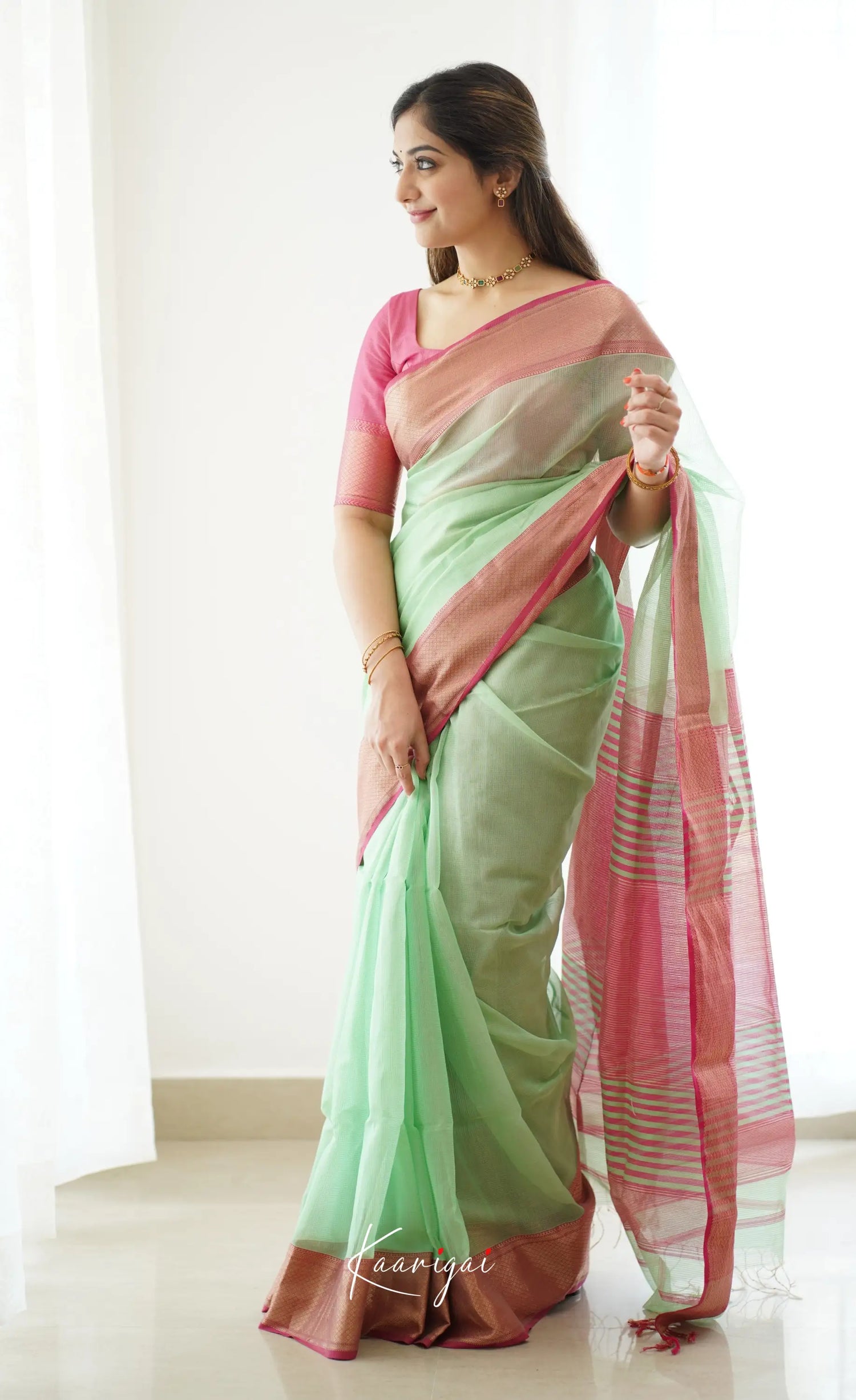 Maanvi- Light Green Maheswari Silk Cotton Halfsaree Sarees