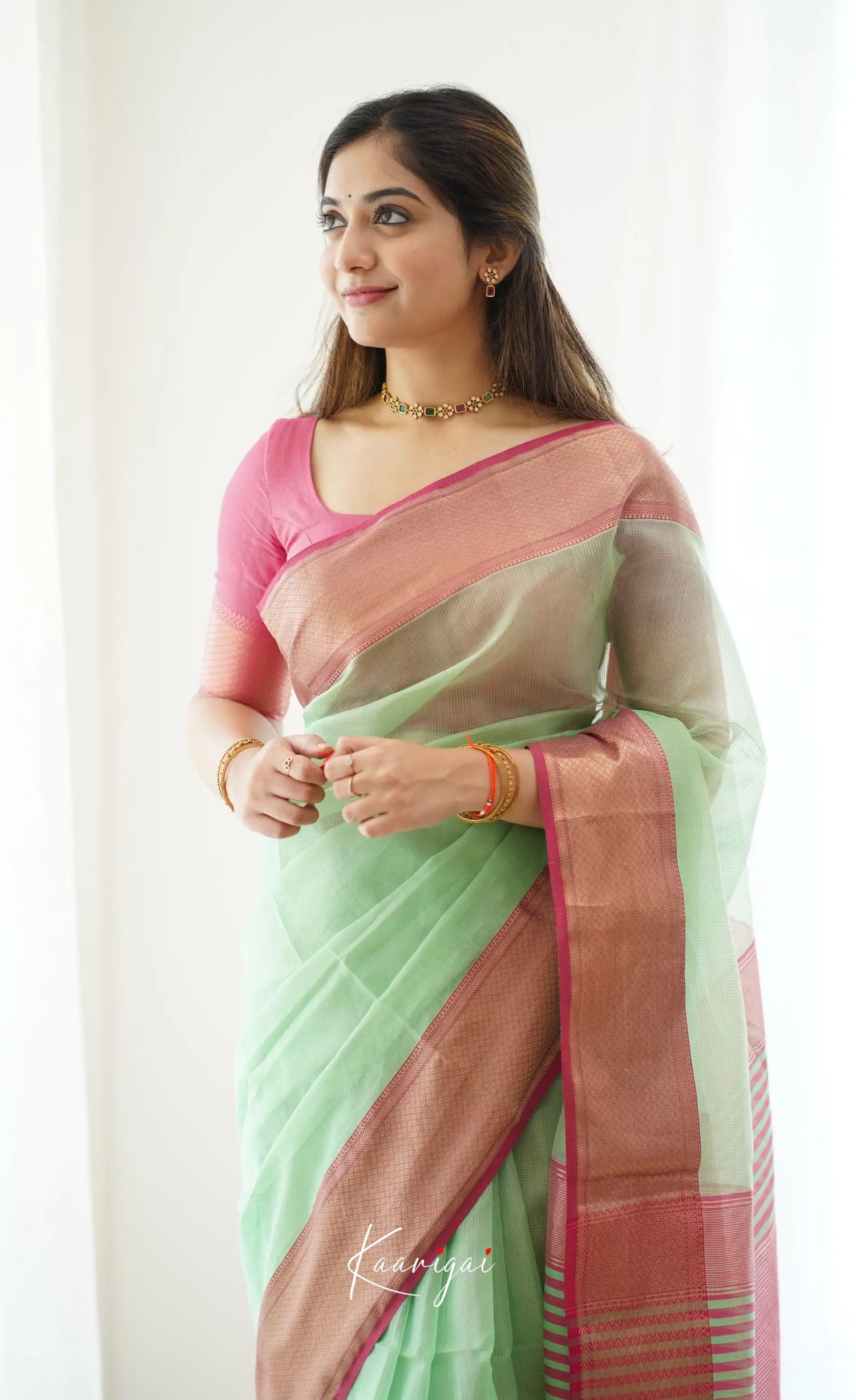 Maanvi- Light Green Maheswari Silk Cotton Halfsaree Sarees