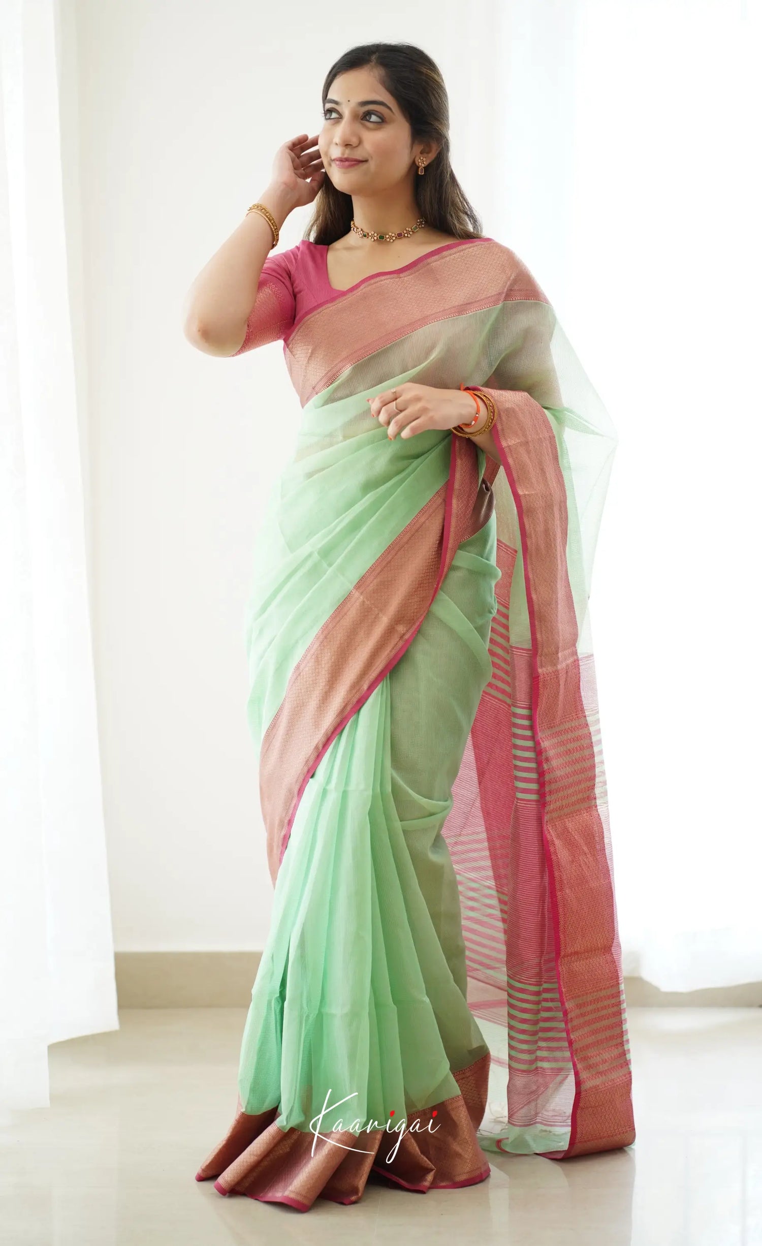 Maanvi- Light Green Maheswari Silk Cotton Halfsaree Sarees