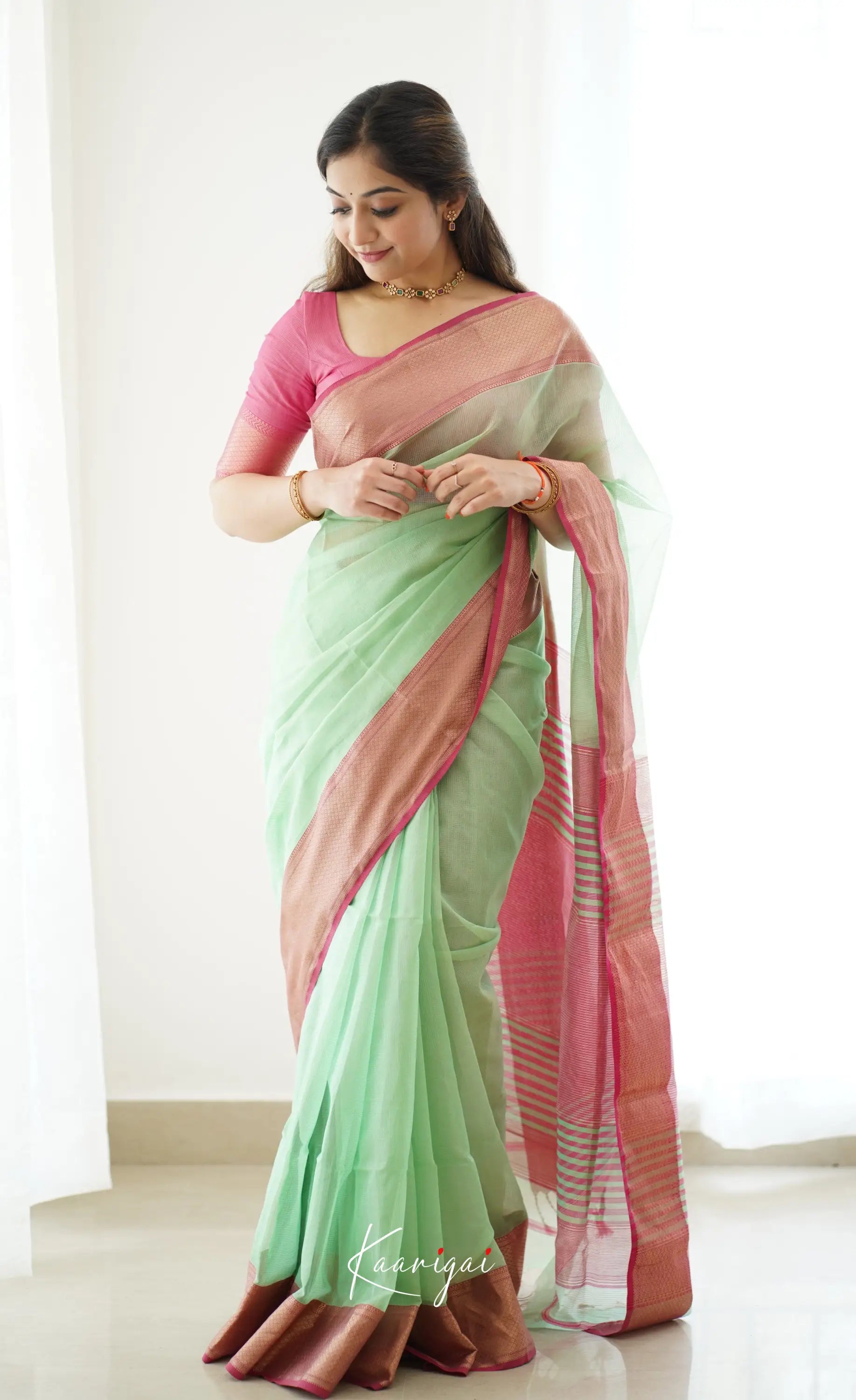 Maanvi- Light Green Maheswari Silk Cotton Halfsaree Sarees