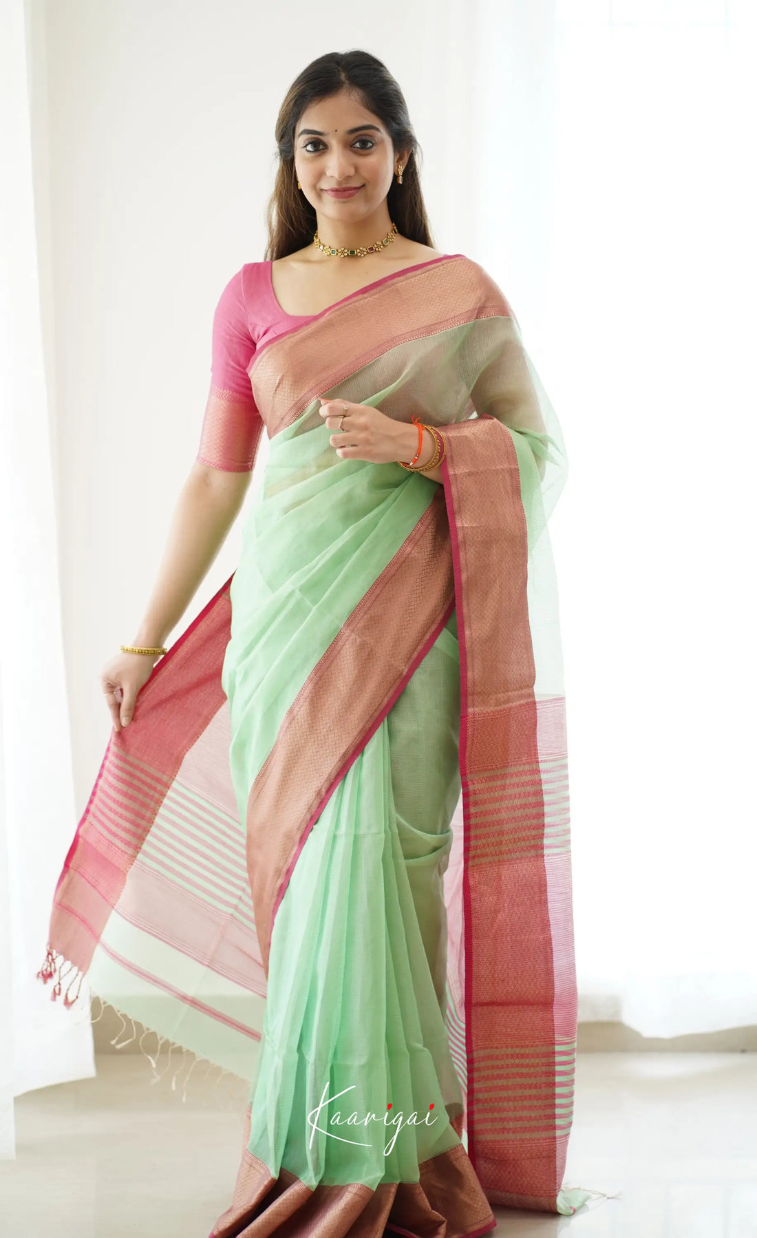 Maanvi- Light Green Maheswari Silk Cotton Halfsaree Sarees