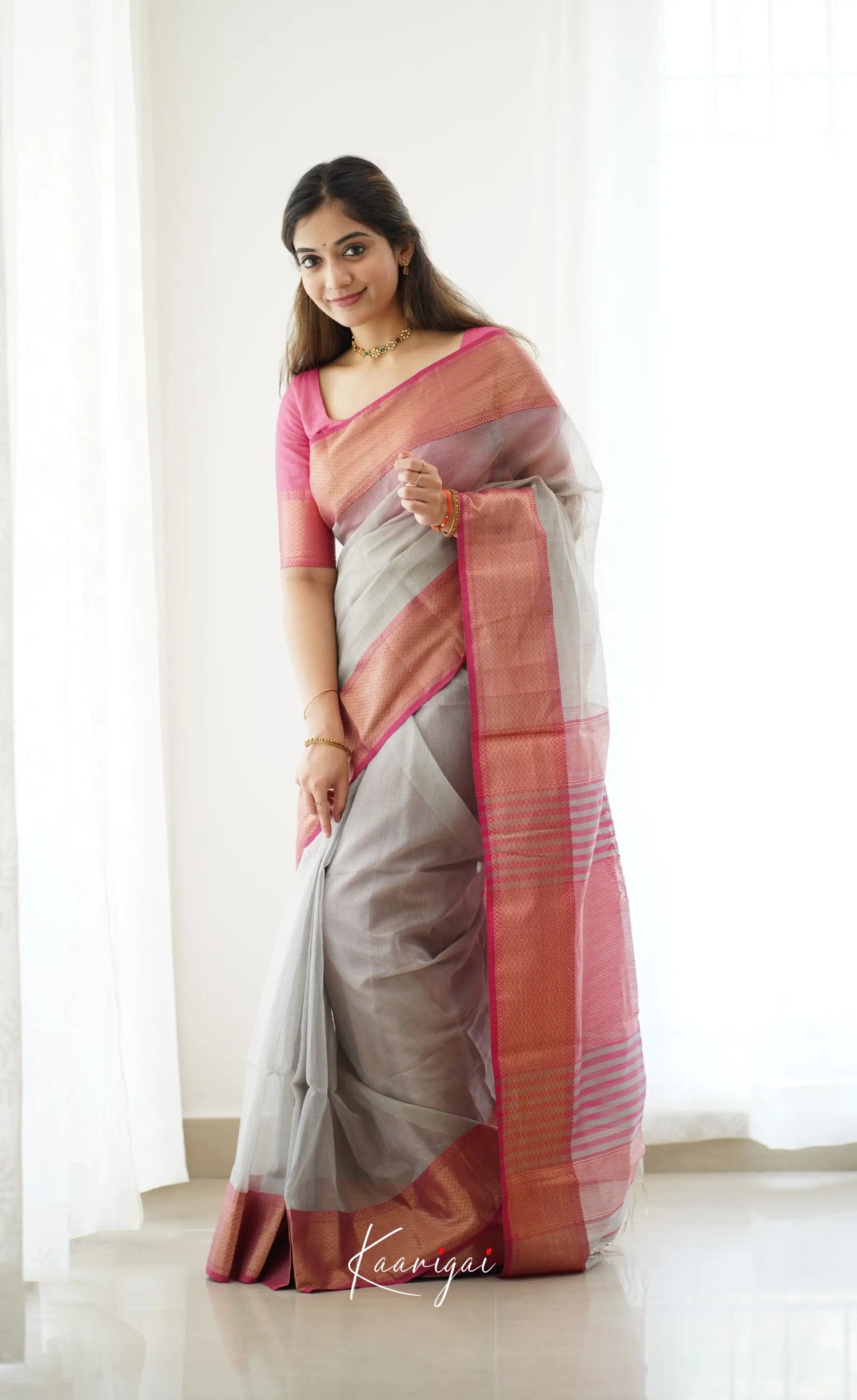 Maanvi- Light Grey Maheswari Silk Cotton Halfsaree Sarees