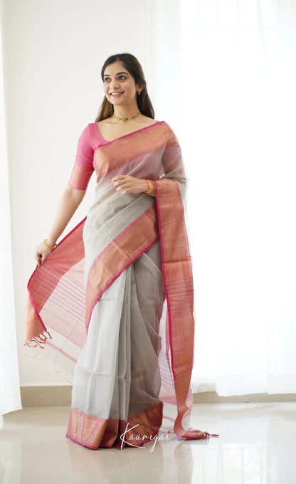 Maanvi- Light Grey Maheswari Silk Cotton Halfsaree Sarees