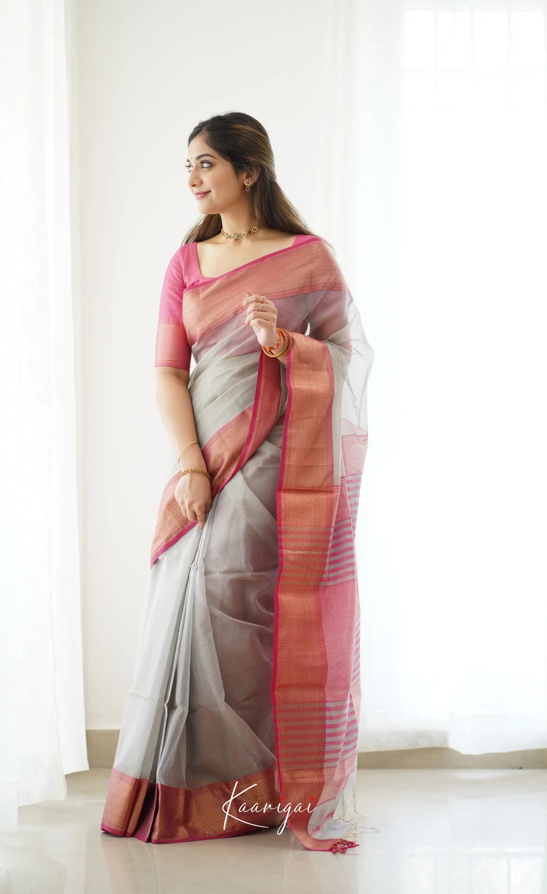 Maanvi- Light Grey Maheswari Silk Cotton Halfsaree Sarees