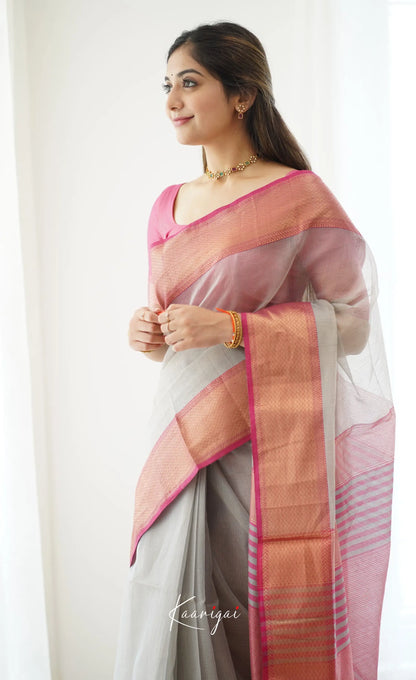 Maanvi- Light Grey Maheswari Silk Cotton Halfsaree Sarees