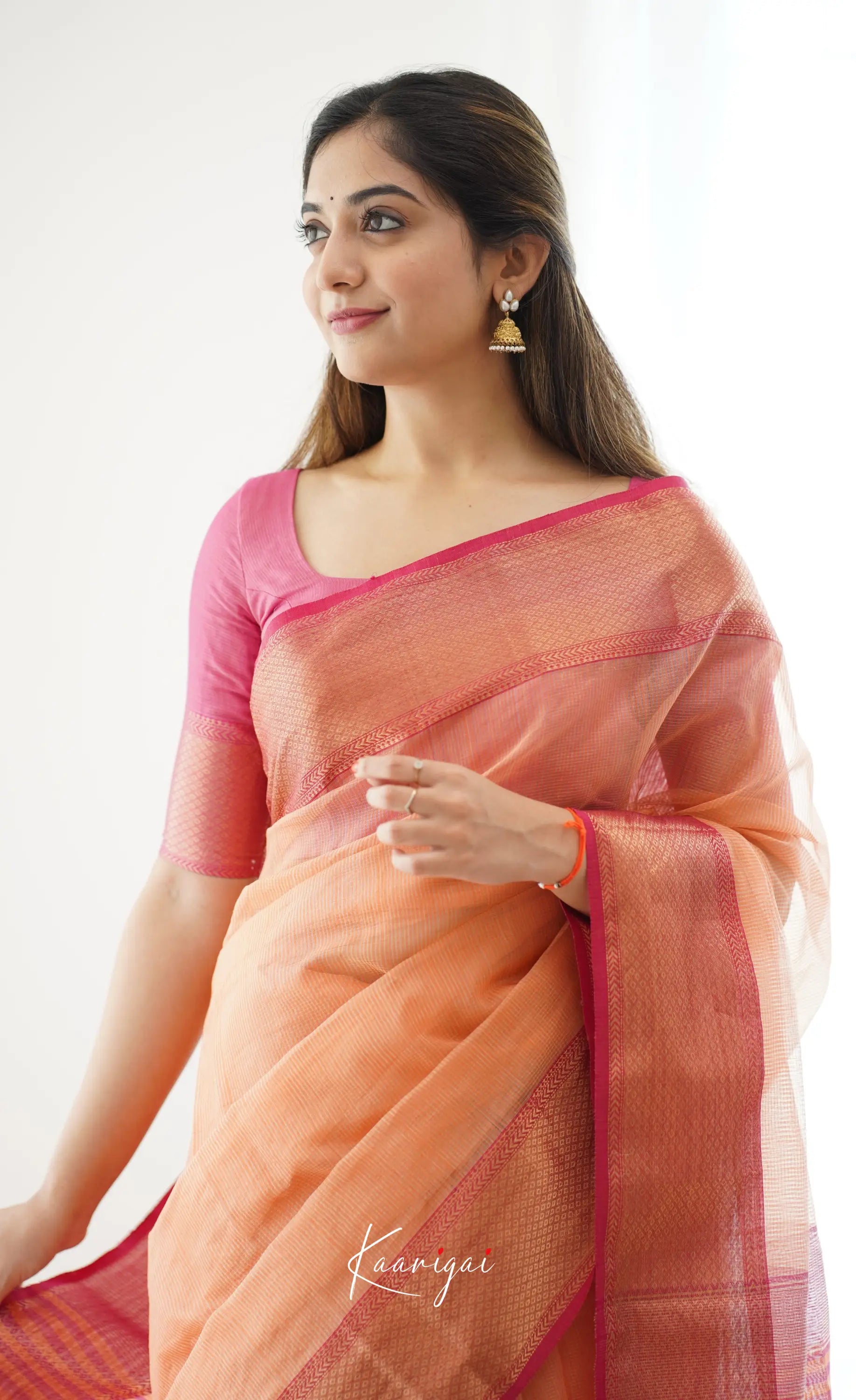 Maanvi- Light Orange Maheswari Silk Cotton Halfsaree Sarees