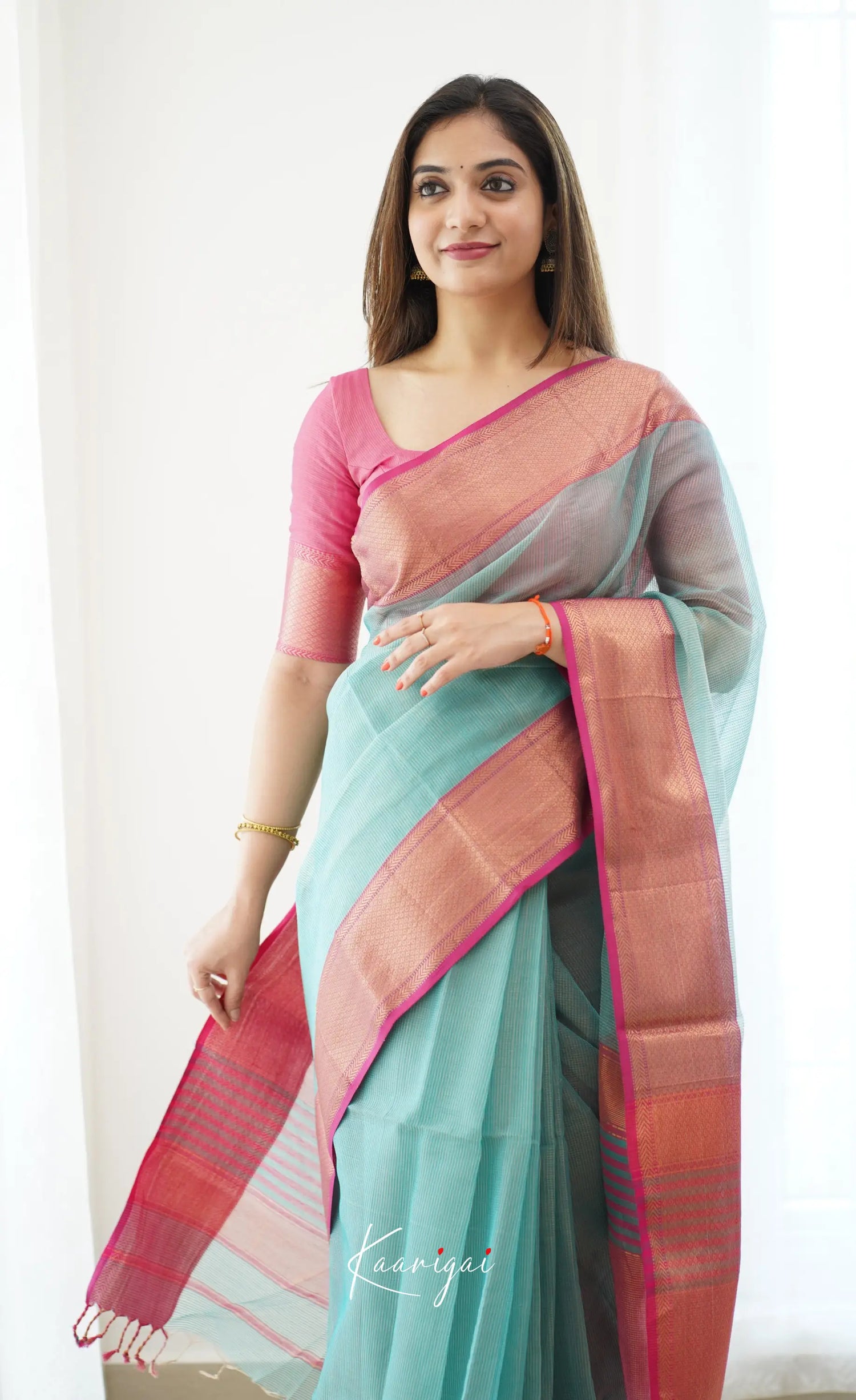 Maanvi- Light Teal Maheswari Silk Cotton Halfsaree Sarees