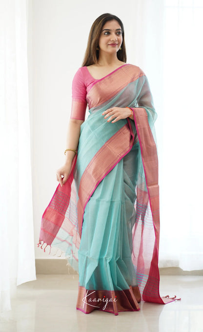 Maanvi- Light Teal Maheswari Silk Cotton Halfsaree Sarees