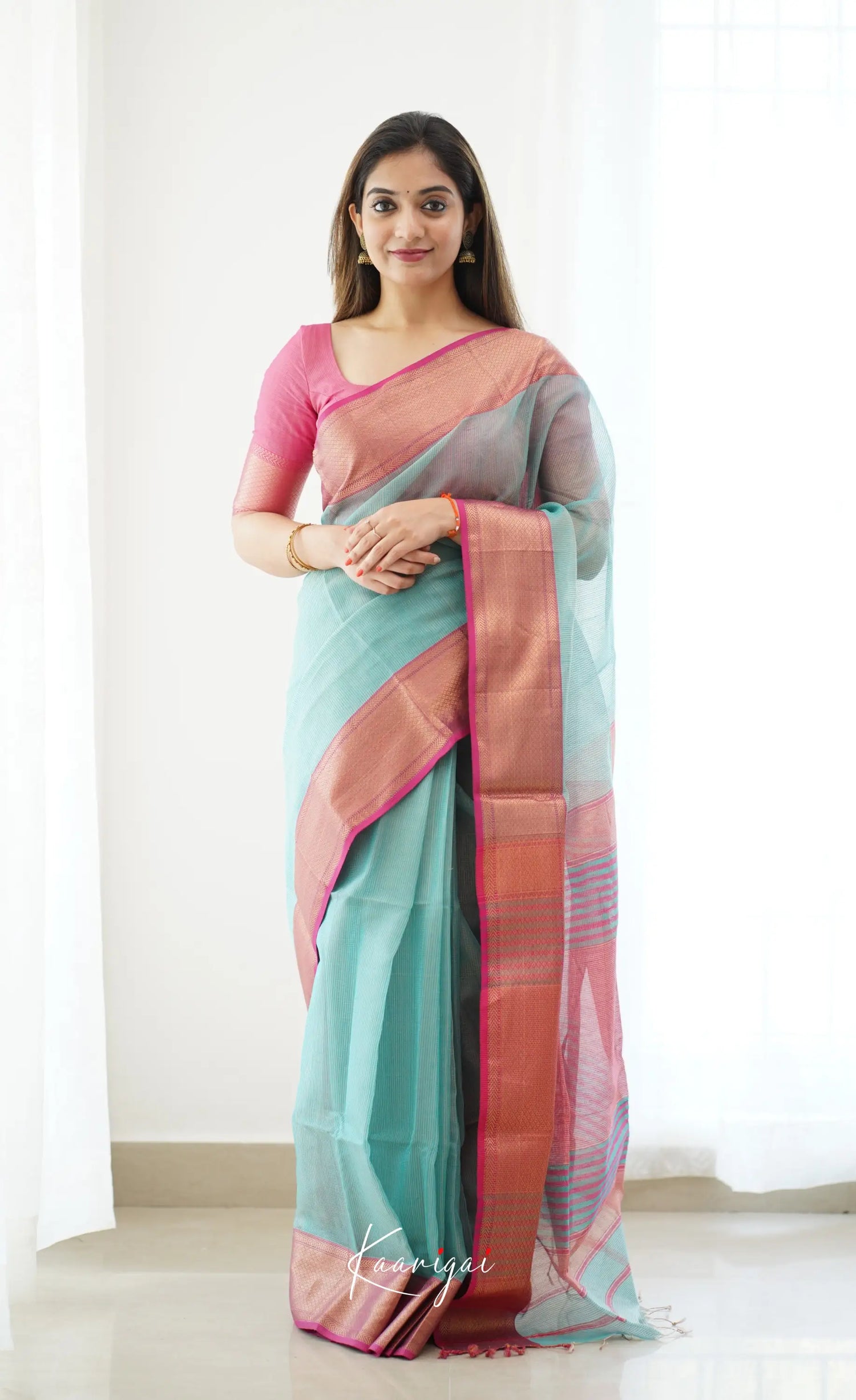 Maanvi- Light Teal Maheswari Silk Cotton Halfsaree Sarees