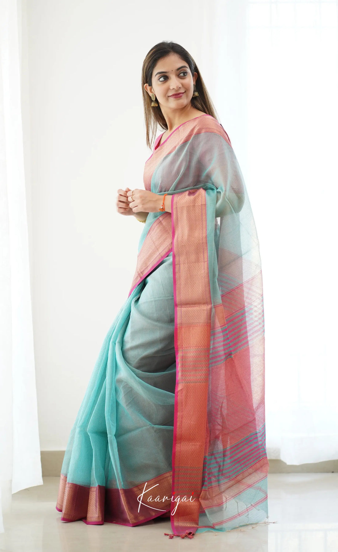 Maanvi- Light Teal Maheswari Silk Cotton Halfsaree Sarees