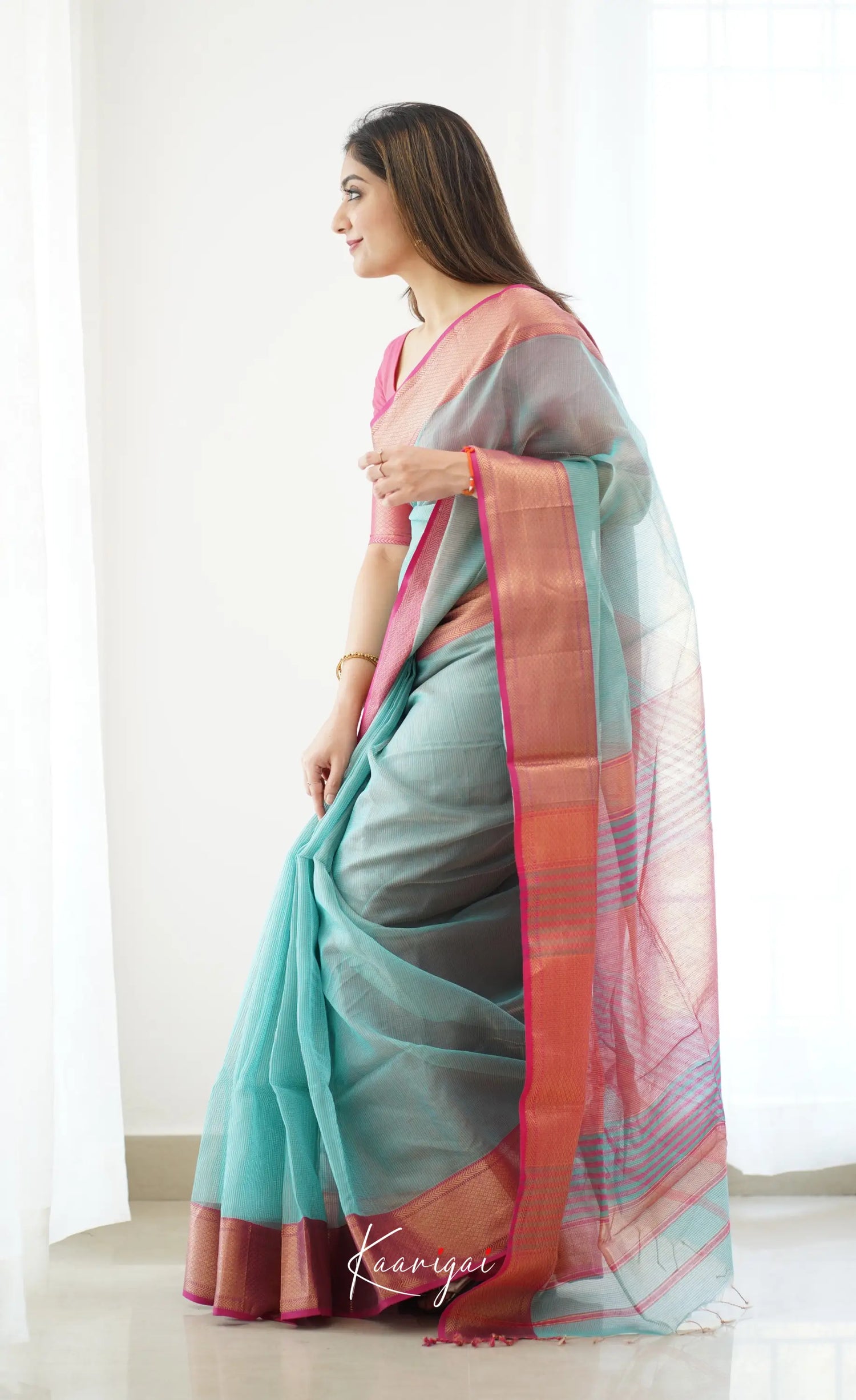 Maanvi- Light Teal Maheswari Silk Cotton Halfsaree Sarees