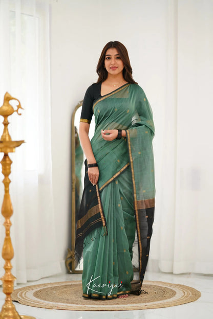 Maanvi Maheswari Silk Cotton Saree - Dull Teal Green And Black Sarees