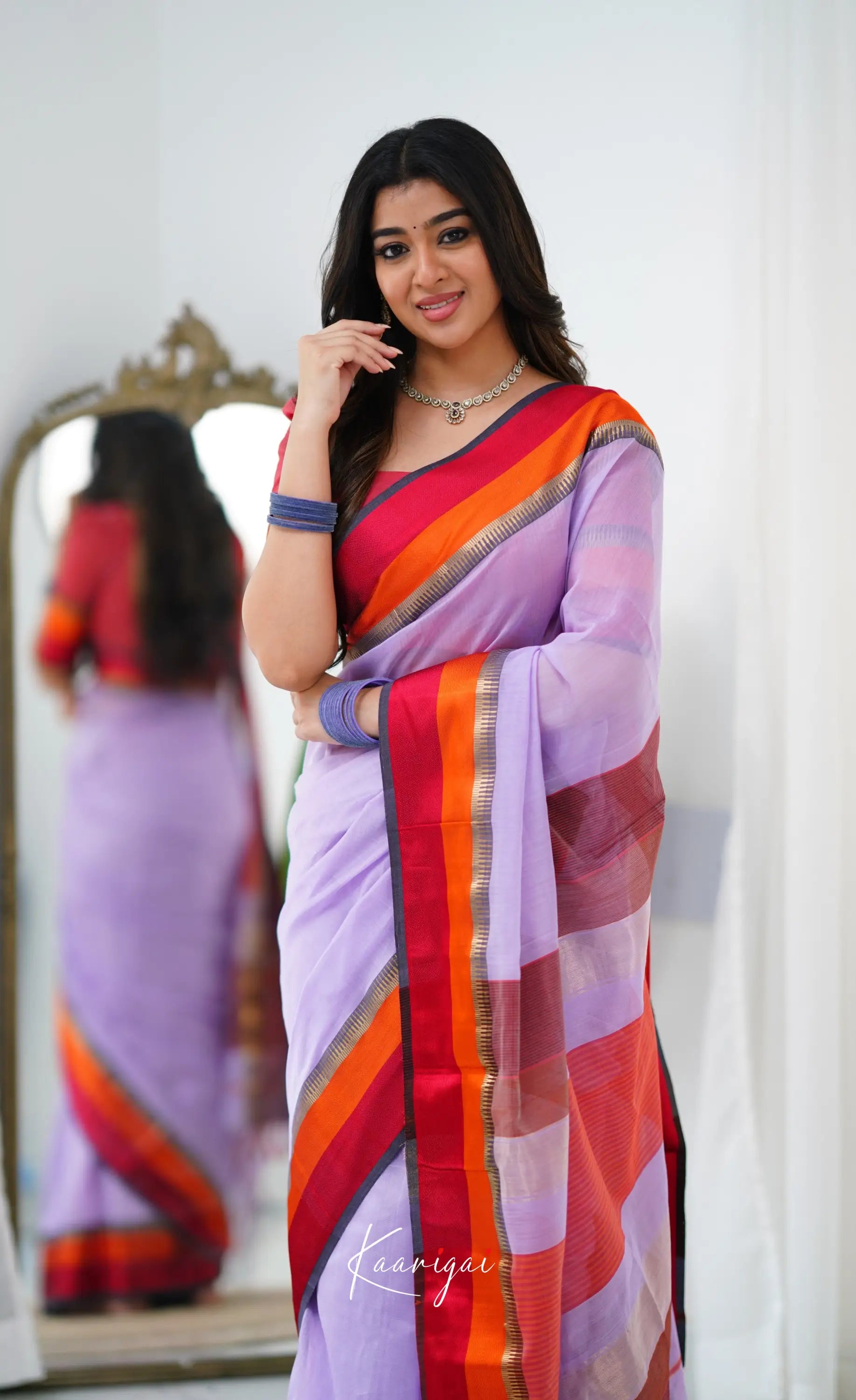 Maanvi Maheswari Silk Cotton Saree - Lavender And Red Sarees