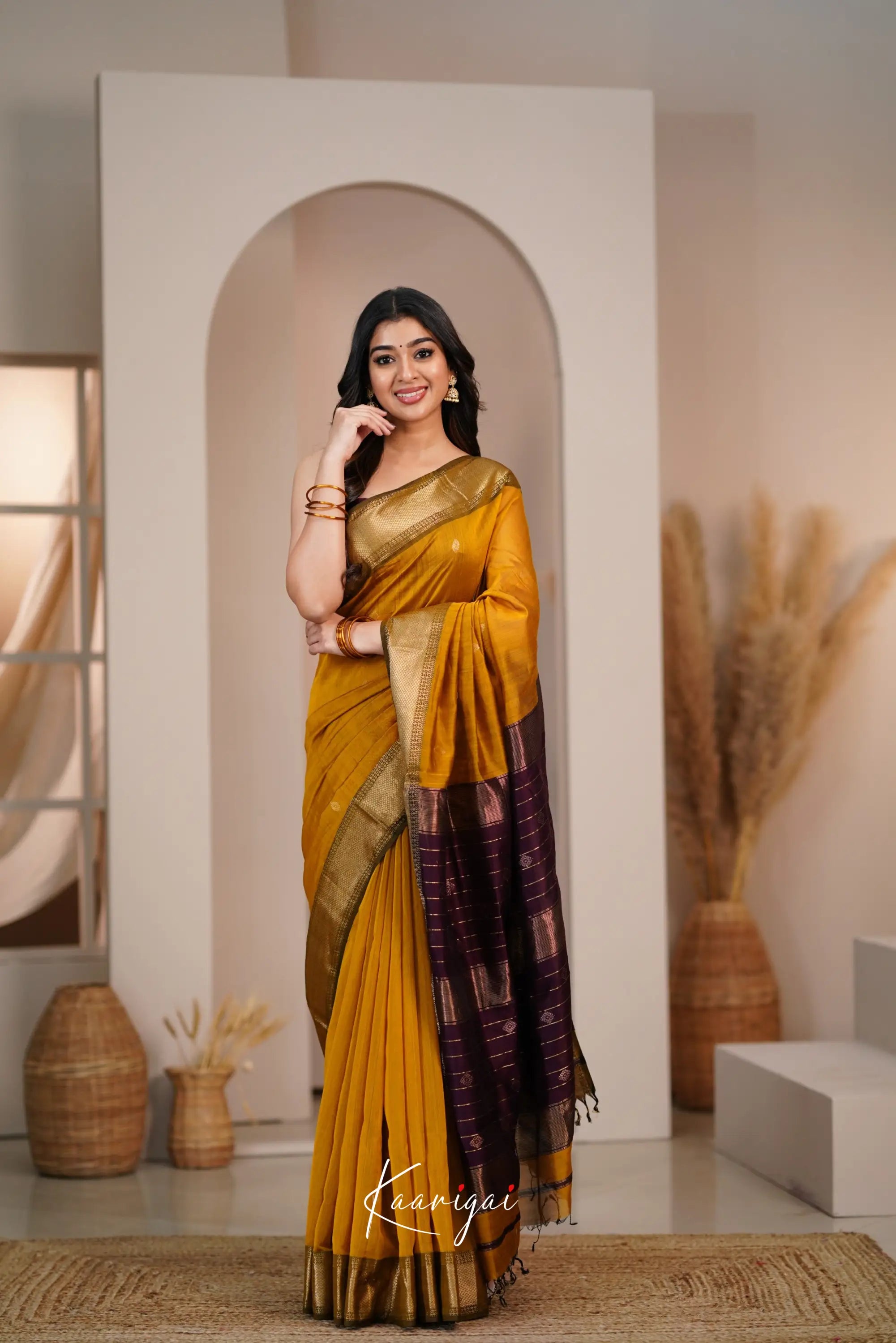 Maanvi Maheswari Silk Cotton Saree - Mustard And Brownish Maroon Sarees