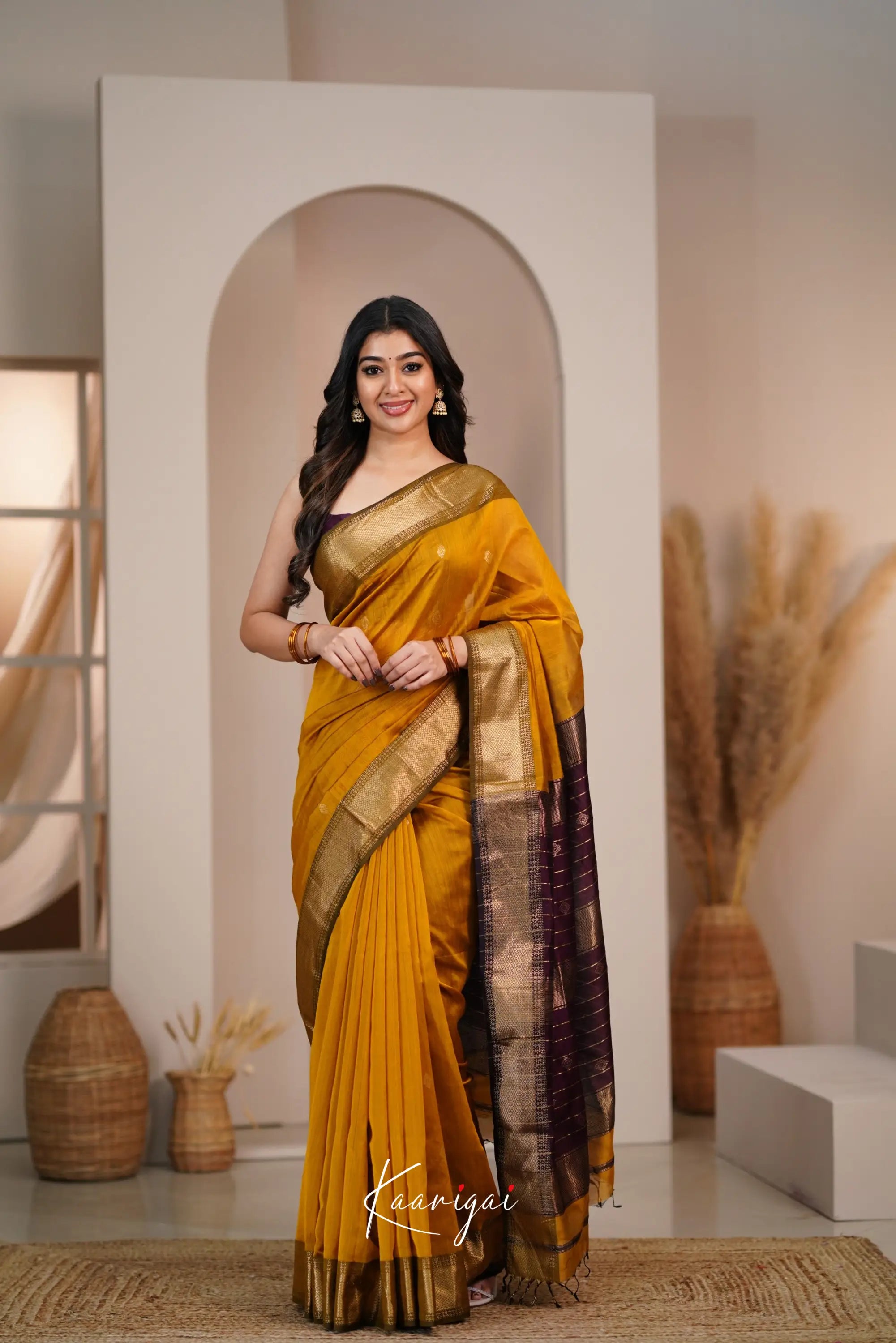 Maanvi Maheswari Silk Cotton Saree - Mustard And Brownish Maroon Sarees