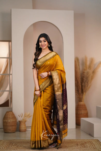 Maanvi Maheswari Silk Cotton Saree - Mustard And Brownish Maroon Sarees