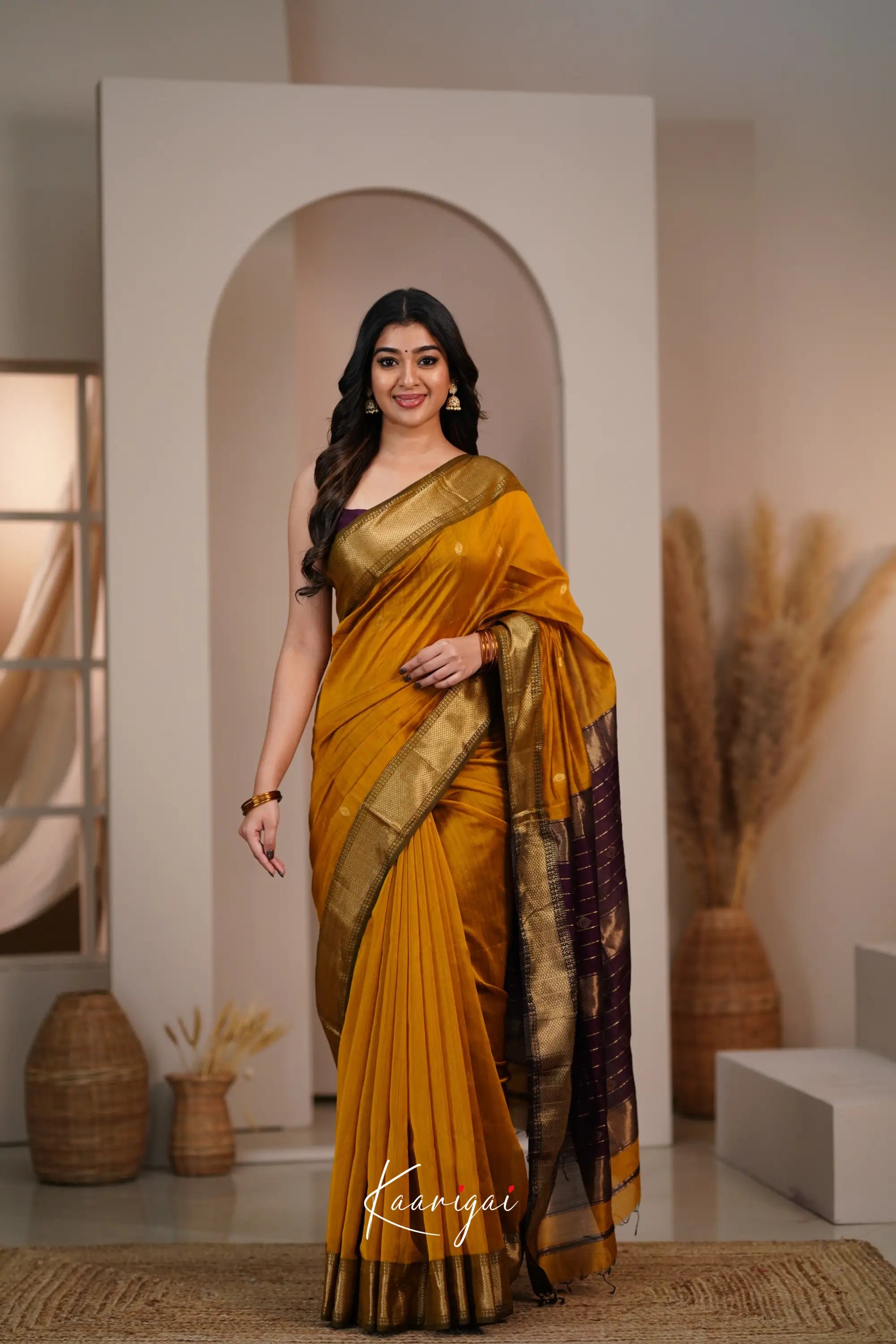 Maanvi Maheswari Silk Cotton Saree - Mustard And Brownish Maroon Sarees