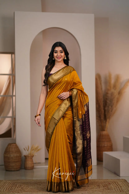 Maanvi Maheswari Silk Cotton Saree - Mustard And Brownish Maroon Sarees