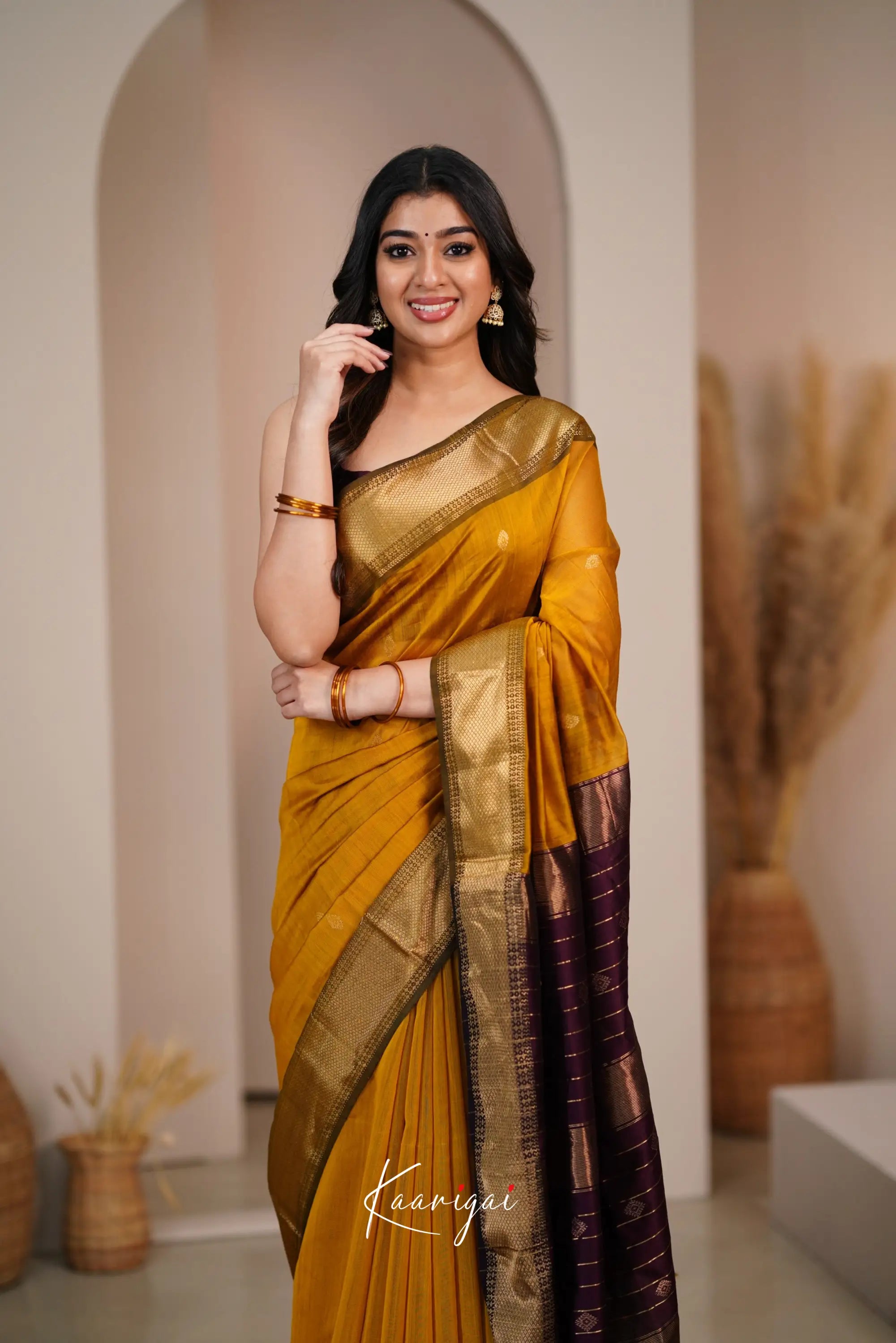 Maanvi Maheswari Silk Cotton Saree - Mustard And Brownish Maroon Sarees