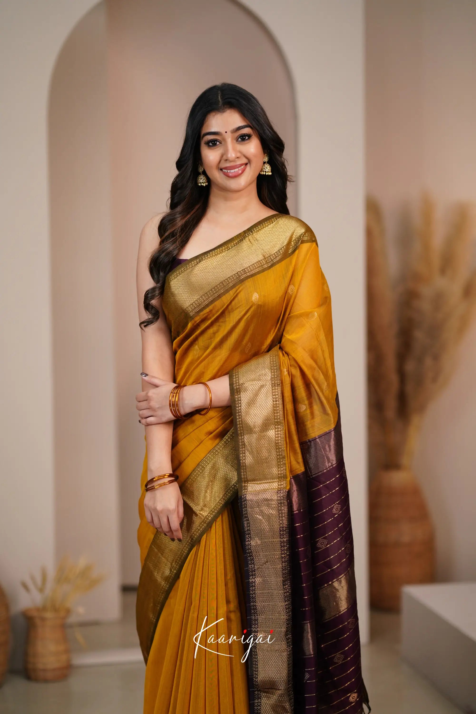 Maanvi Maheswari Silk Cotton Saree - Mustard And Brownish Maroon Sarees