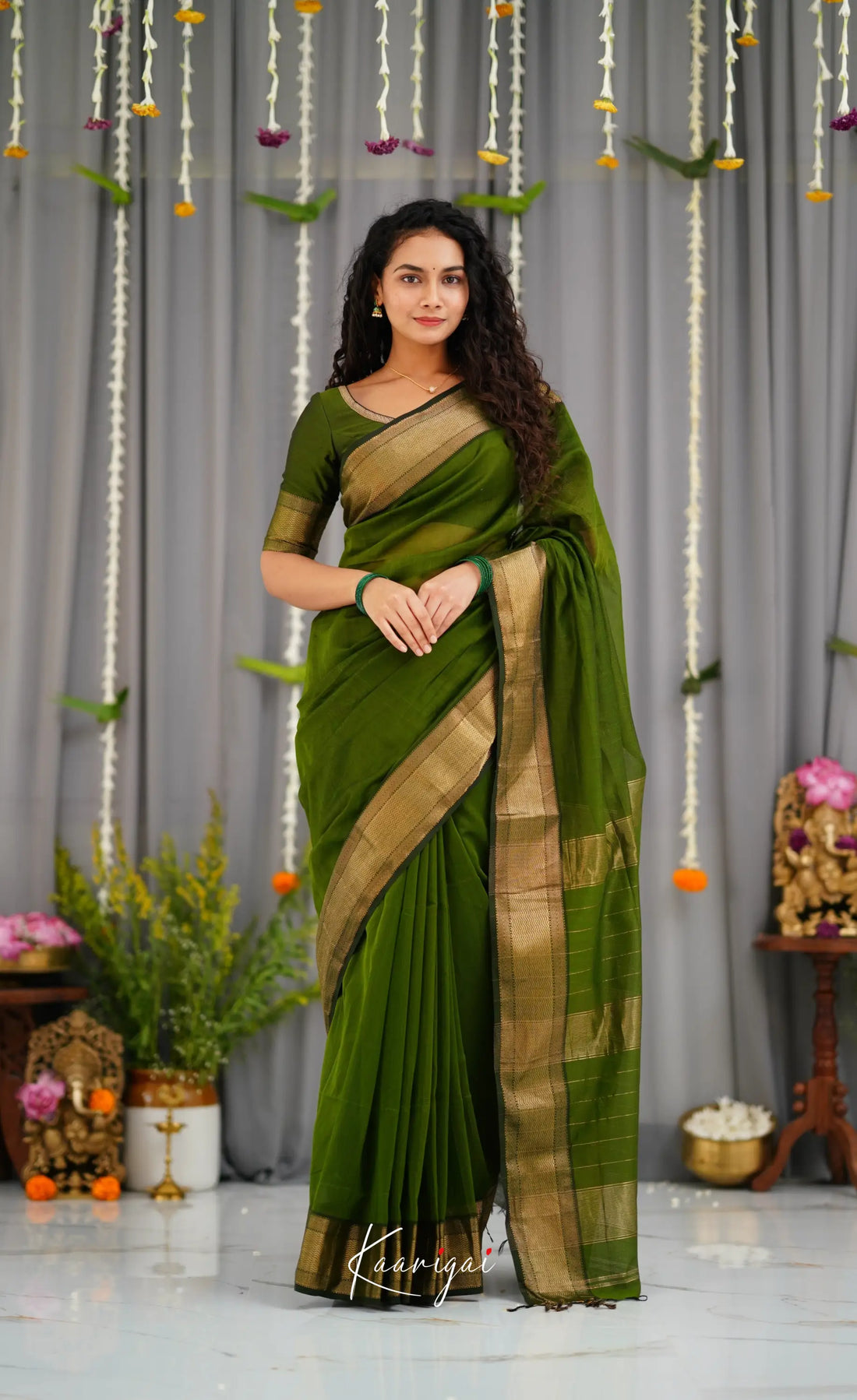 Maanvi Maheswari Silk Cotton Saree - Olive Green Sarees