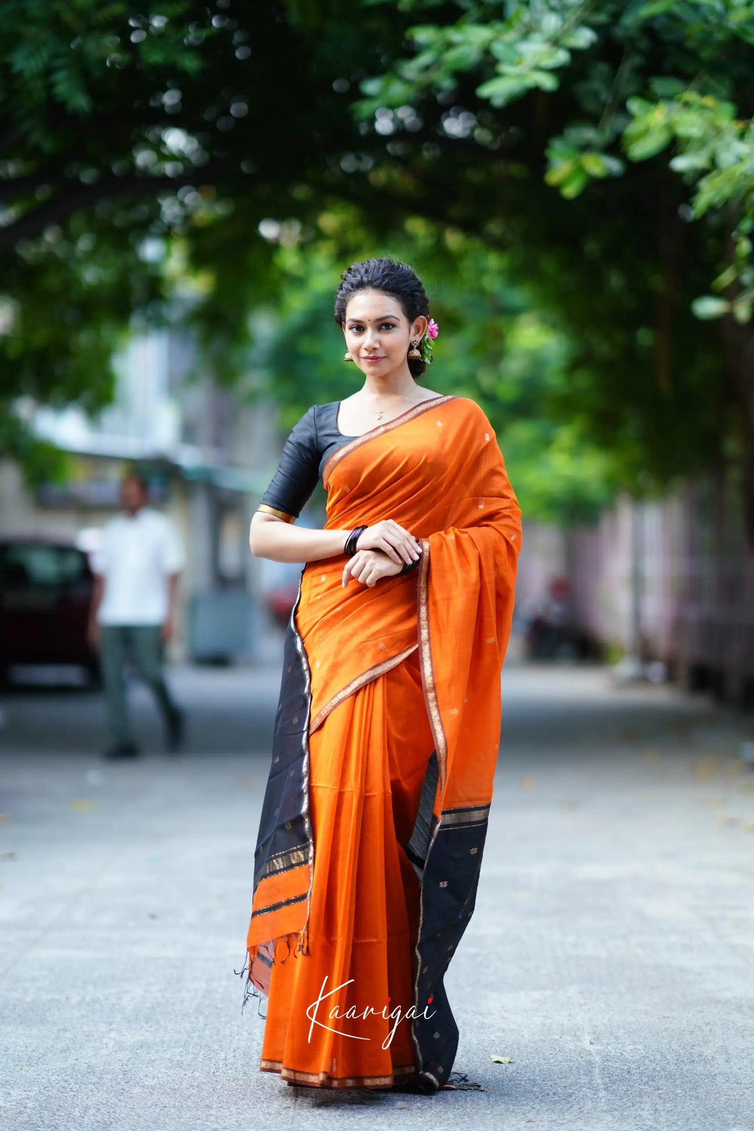 Maanvi Maheswari Silk Cotton Saree - Orange And Black Sarees