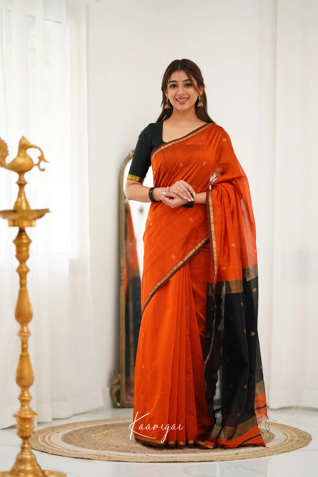 Maanvi Maheswari Silk Cotton Saree - Orange And Black Sarees