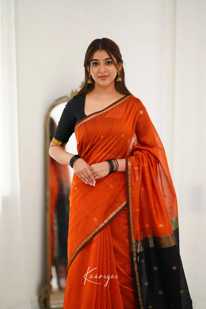 Maanvi Maheswari Silk Cotton Saree - Orange And Black Sarees