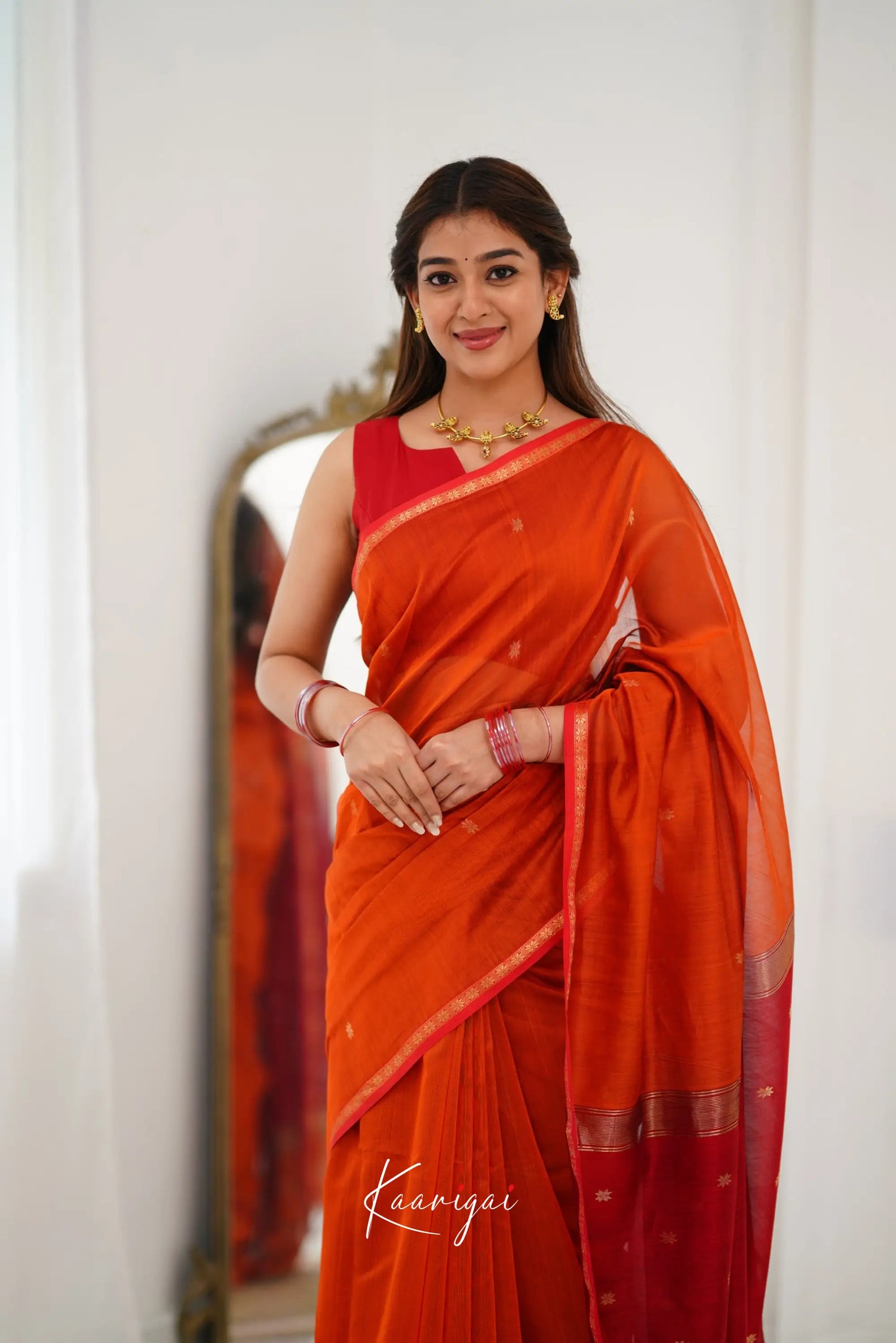 Maanvi Maheswari Silk Cotton Saree - Orange And Red Sarees