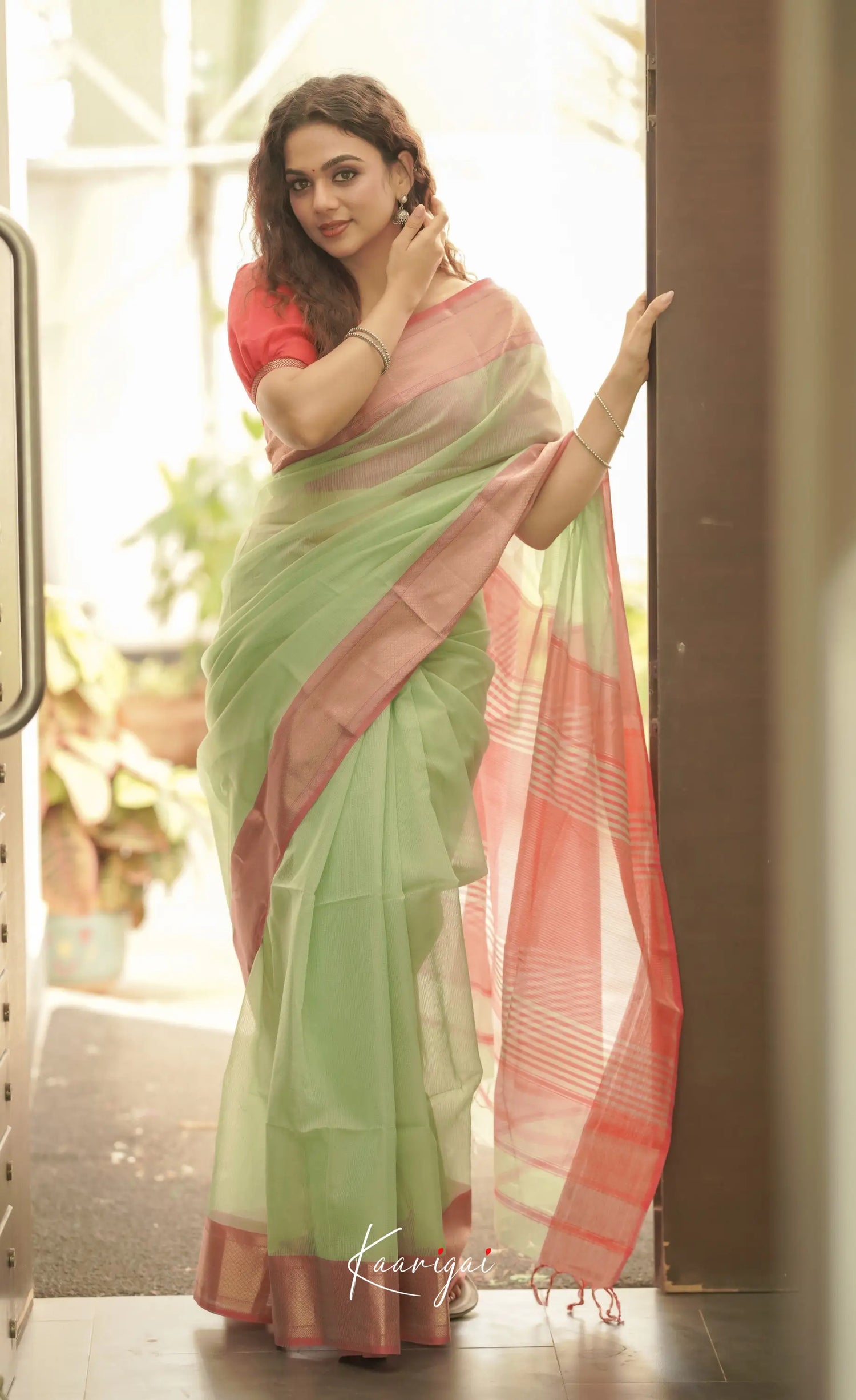 Maanvi Maheswari Silk Cotton Saree - Pastel Green And Pink Sarees