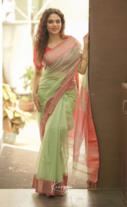 Maanvi Maheswari Silk Cotton Saree - Pastel Green And Pink Sarees