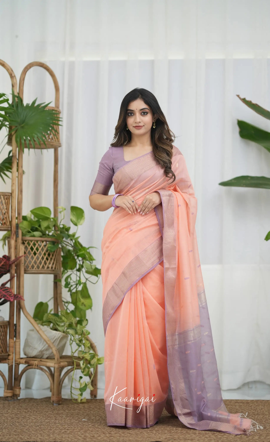 Maanvi Maheswari Silk Cotton Saree - Peach and Lavender Sarees