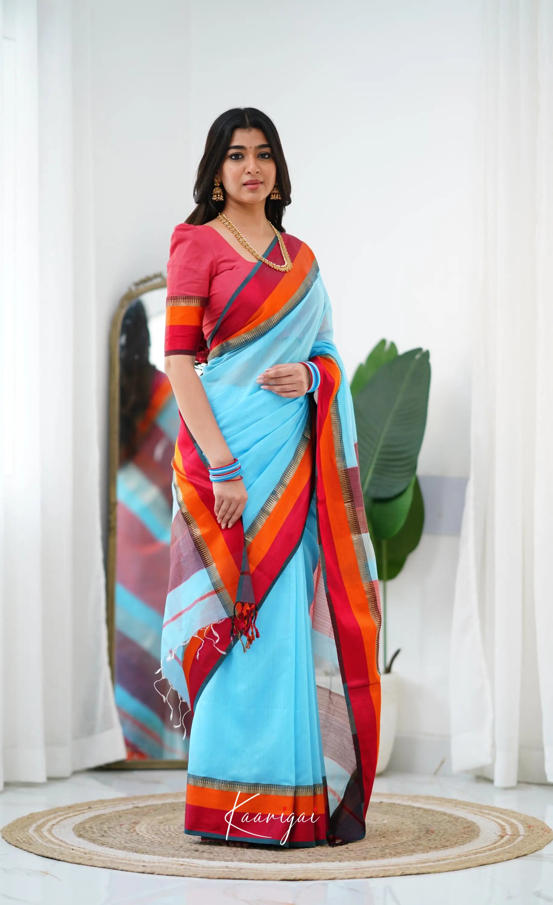 Maanvi Maheswari Silk Cotton Saree - Sky Blue And Red Sarees