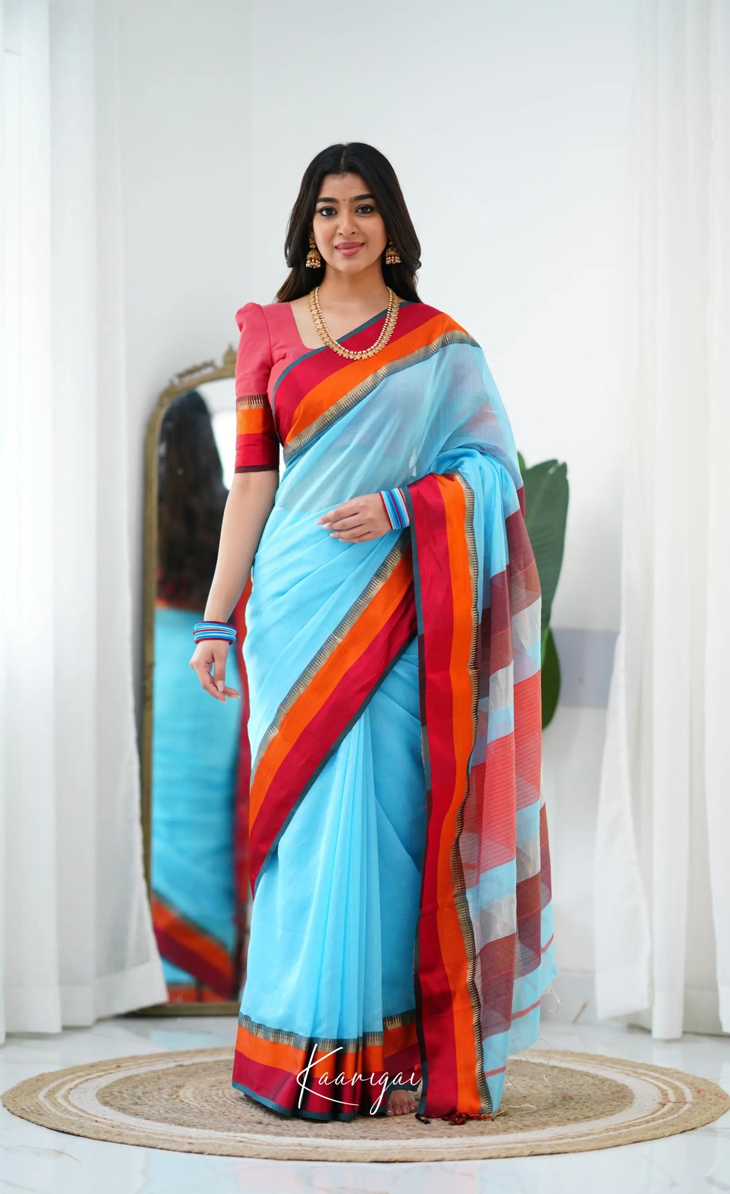 Maanvi Maheswari Silk Cotton Saree - Sky Blue And Red Sarees