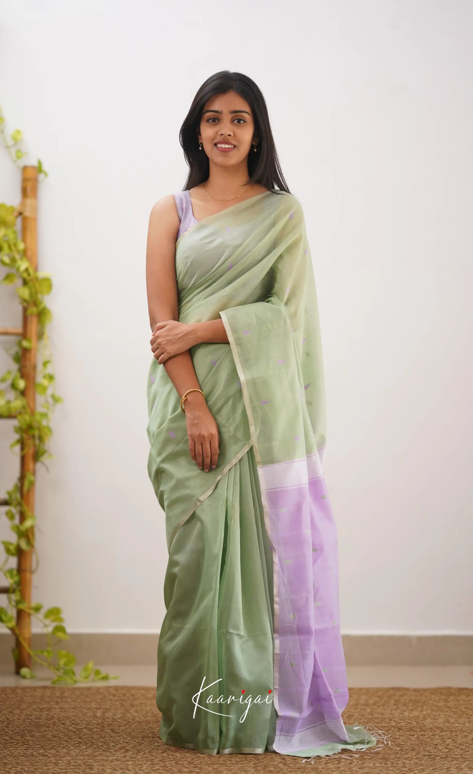 Aadrika- Pastel Green And Light Lavender Pure Maheshwari Silk Cotton Saree Sarees