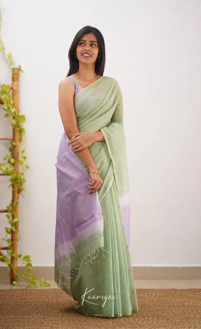 Aadrika- Pastel Green And Light Lavender Pure Maheshwari Silk Cotton Saree Sarees