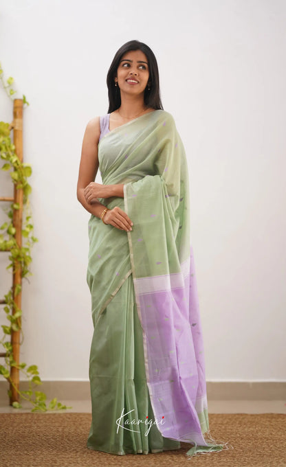 Aadrika- Pastel Green And Light Lavender Pure Maheshwari Silk Cotton Saree Sarees