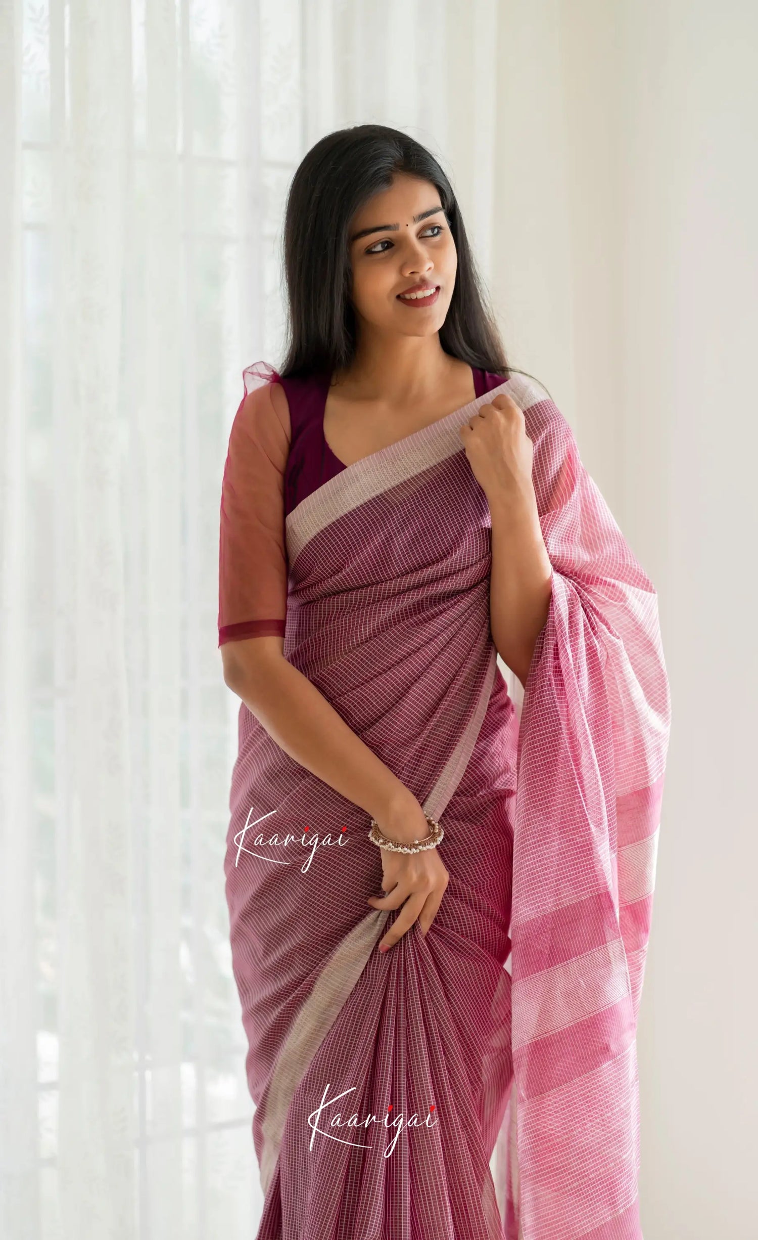 Aadrika - Wine Coloured Pure Maheswari Silk Cotton Saree Sarees