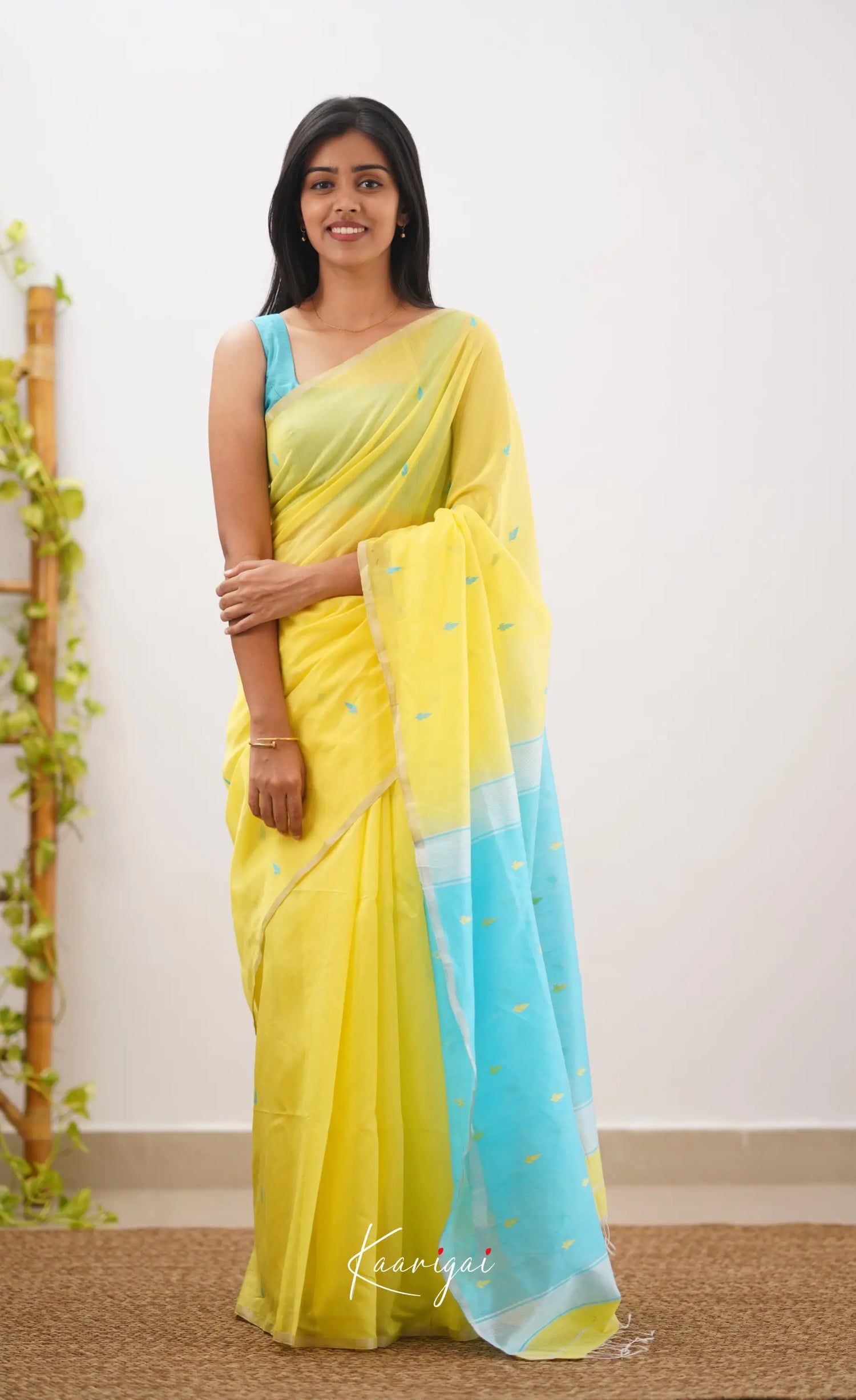 Aadrika- Yellow And Light Blue Pure Maheshwari Silk Cotton Saree Sarees