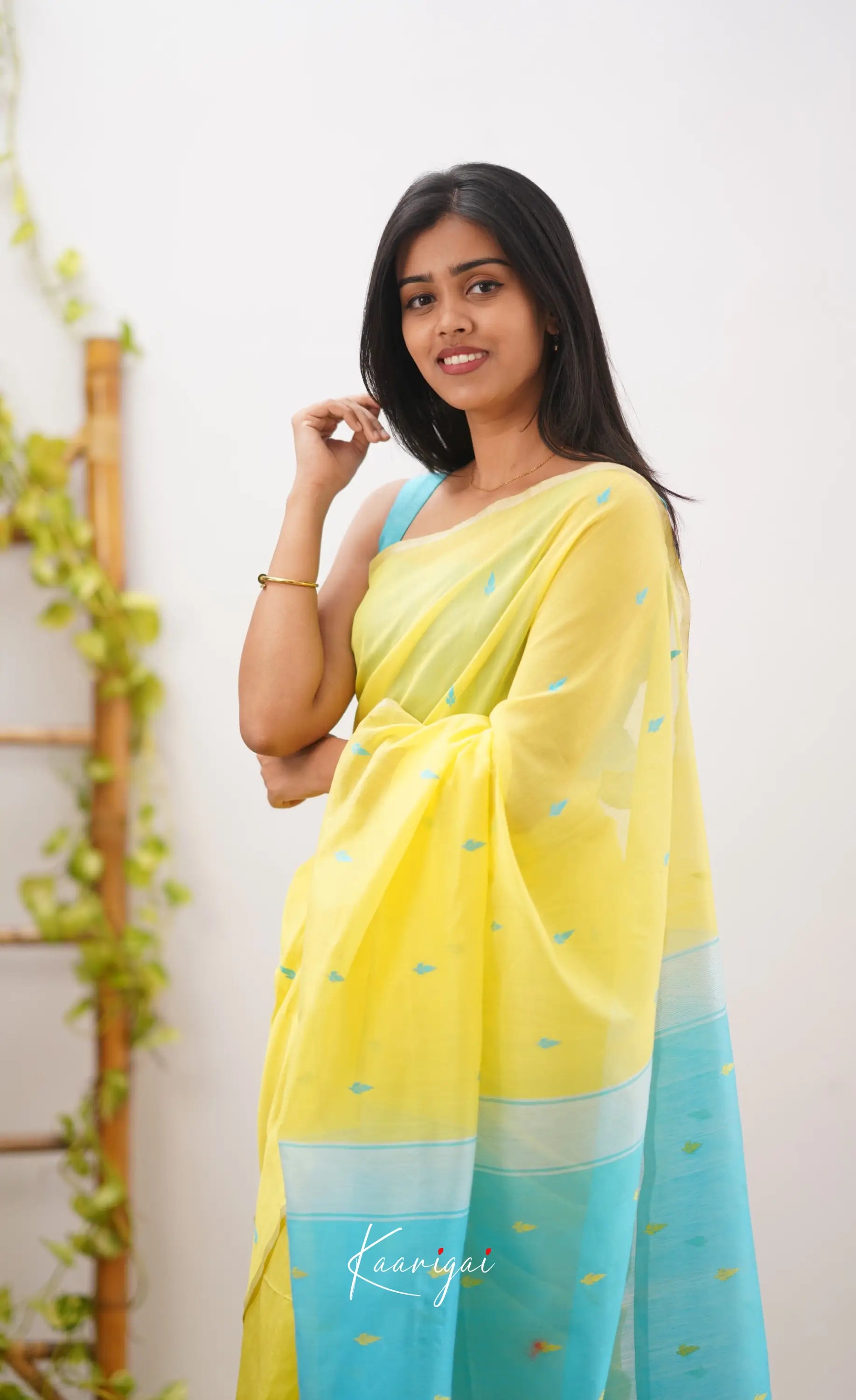 Aadrika- Yellow And Light Blue Pure Maheshwari Silk Cotton Saree Sarees