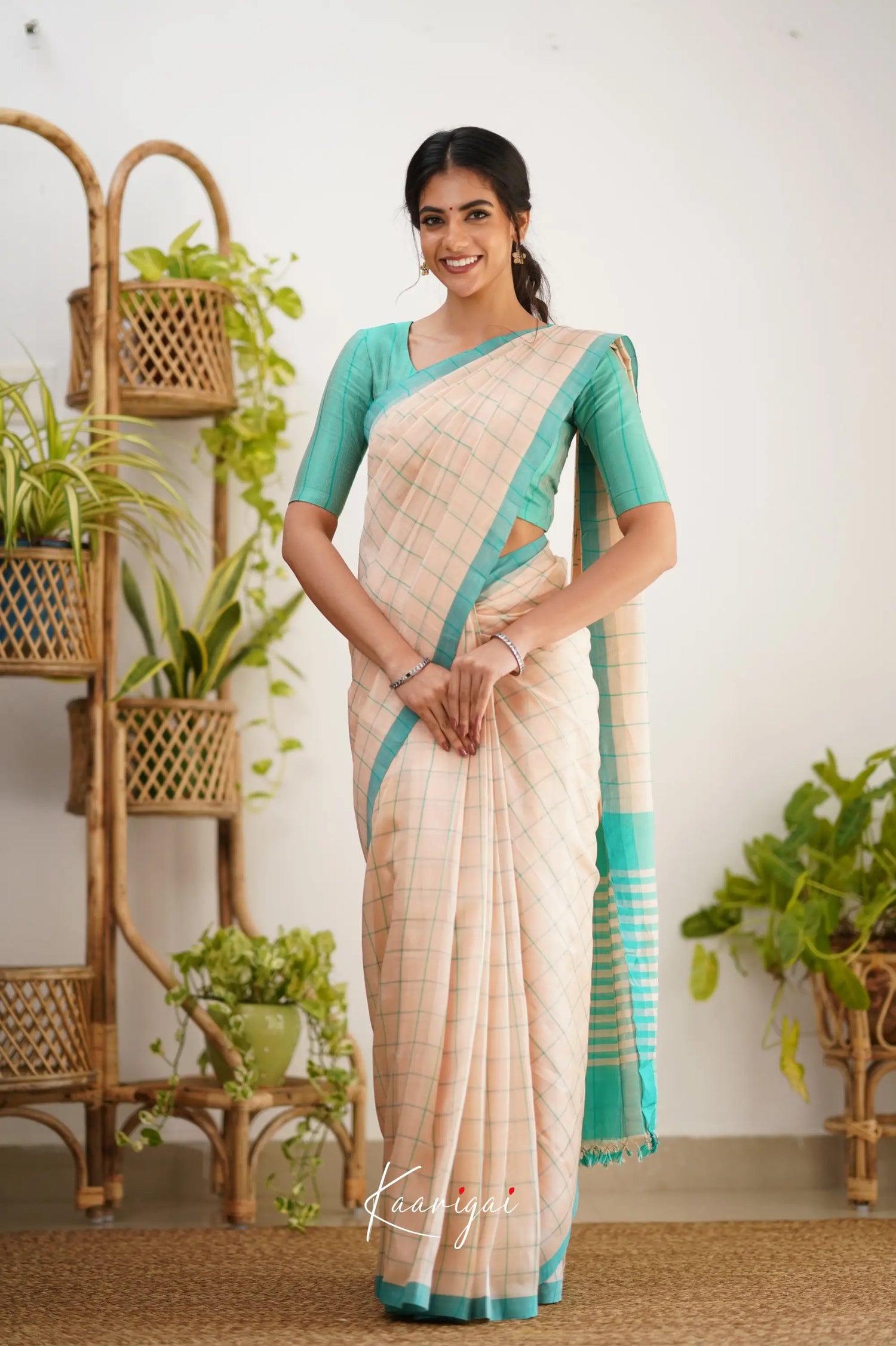 Madura Mangalagiri Saree - Cream And Teal Sarees