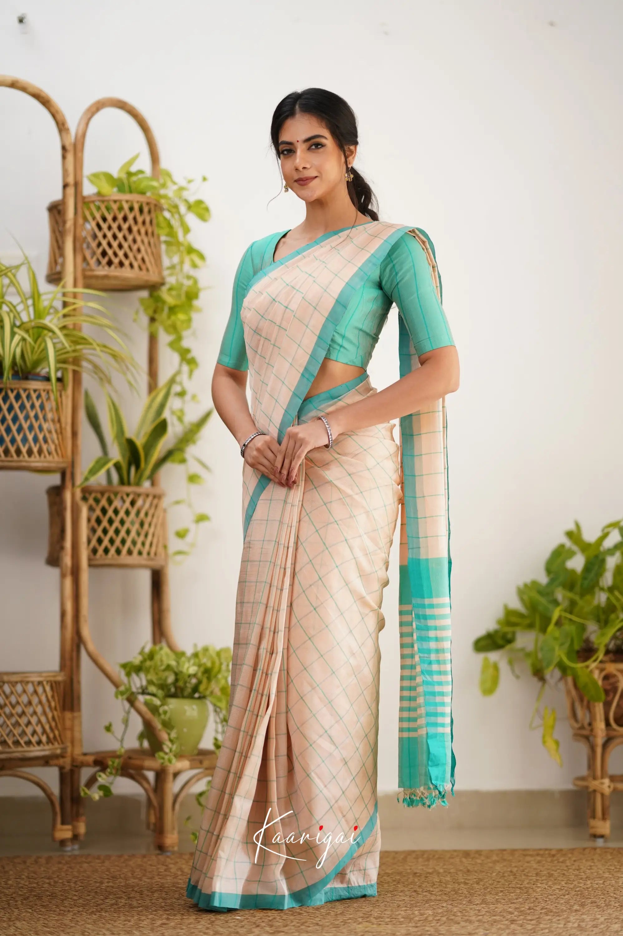 Madura Mangalagiri Saree - Cream And Teal Sarees