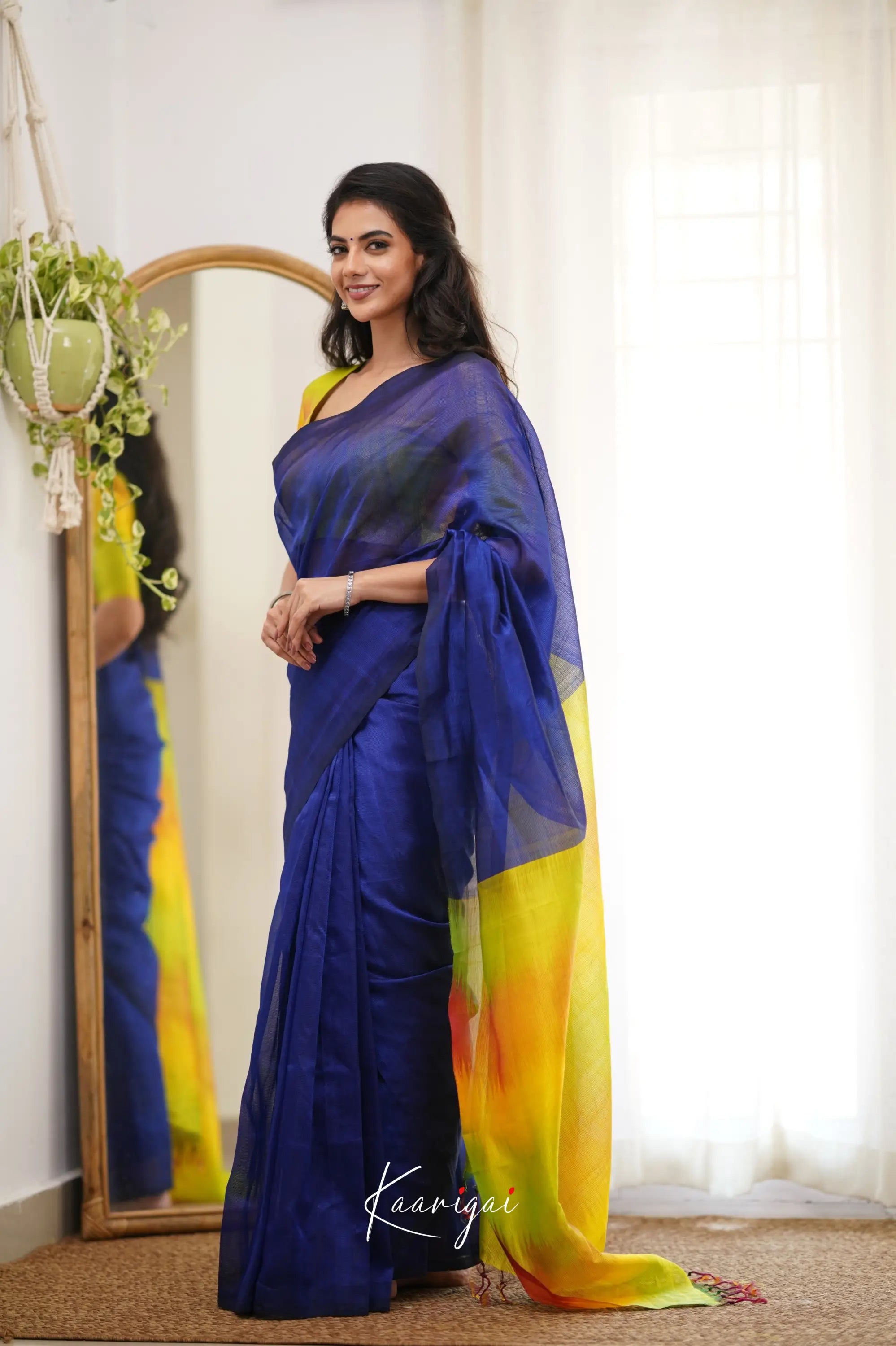 Madura Mangalagiri Saree - Ink Blue And Yellow Sarees