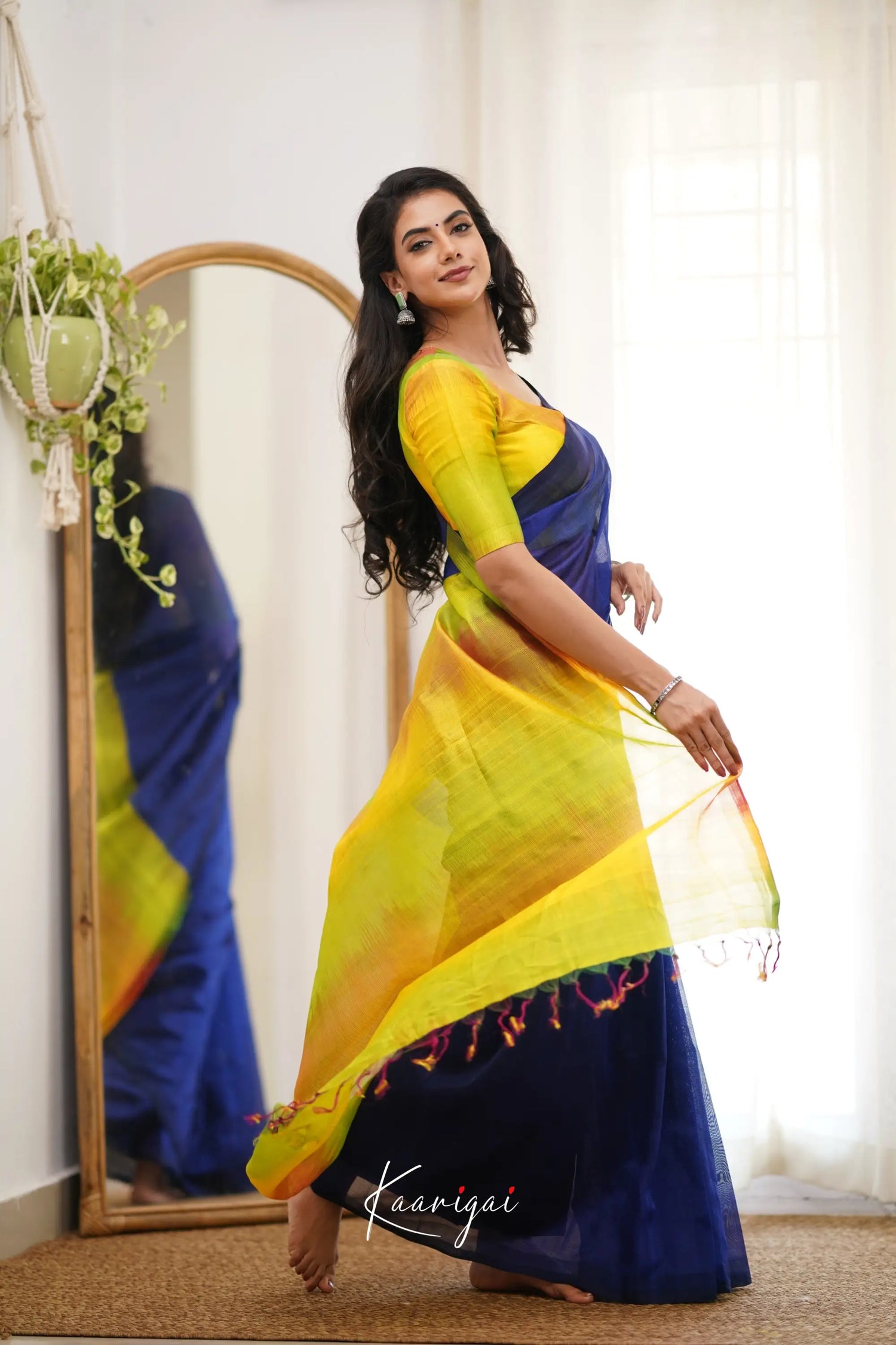 Madura Mangalagiri Saree - Ink Blue And Yellow Sarees